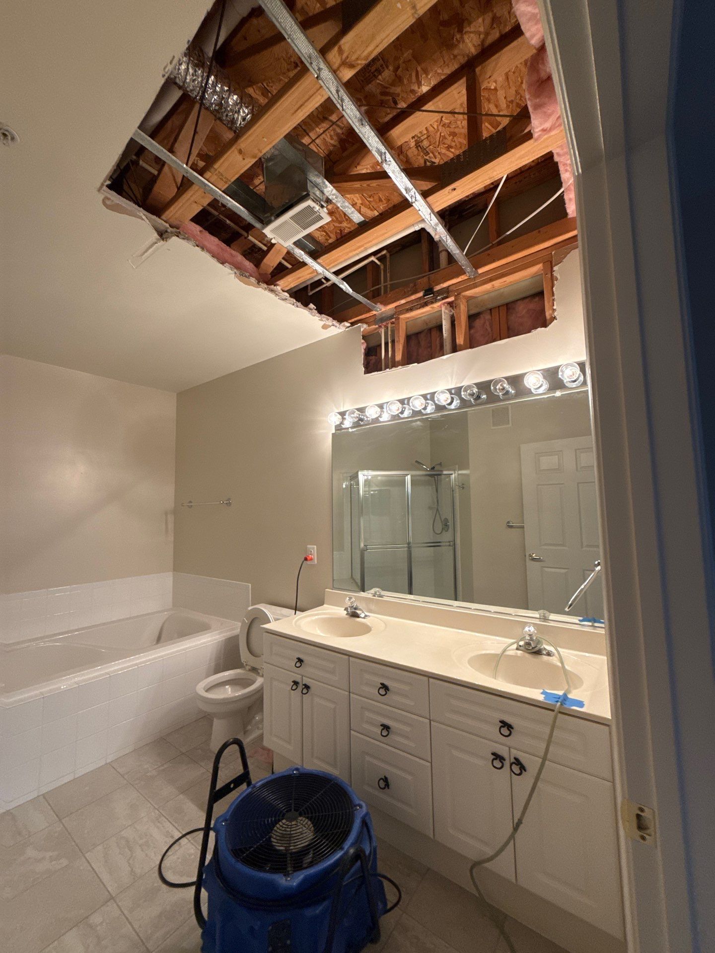 Final extraction and structural preparation before ceiling repair in mold remediation sequence.