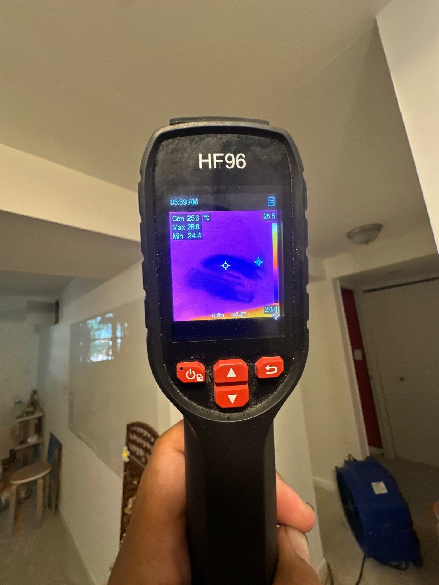 Infrared scan revealing subsurface moisture patterns in structural framing during drying phase.