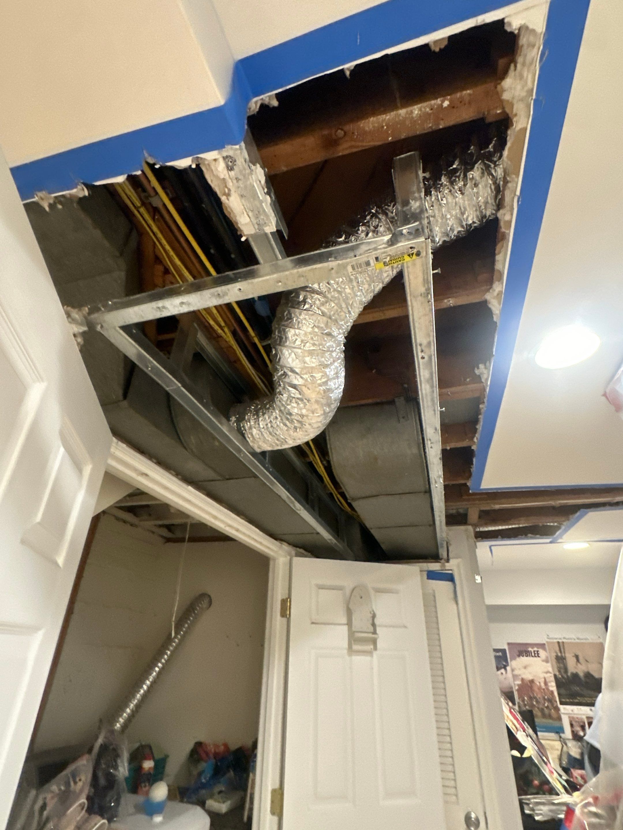 Mold remediation in progress, removing contaminated materials and treating affected surfaces.