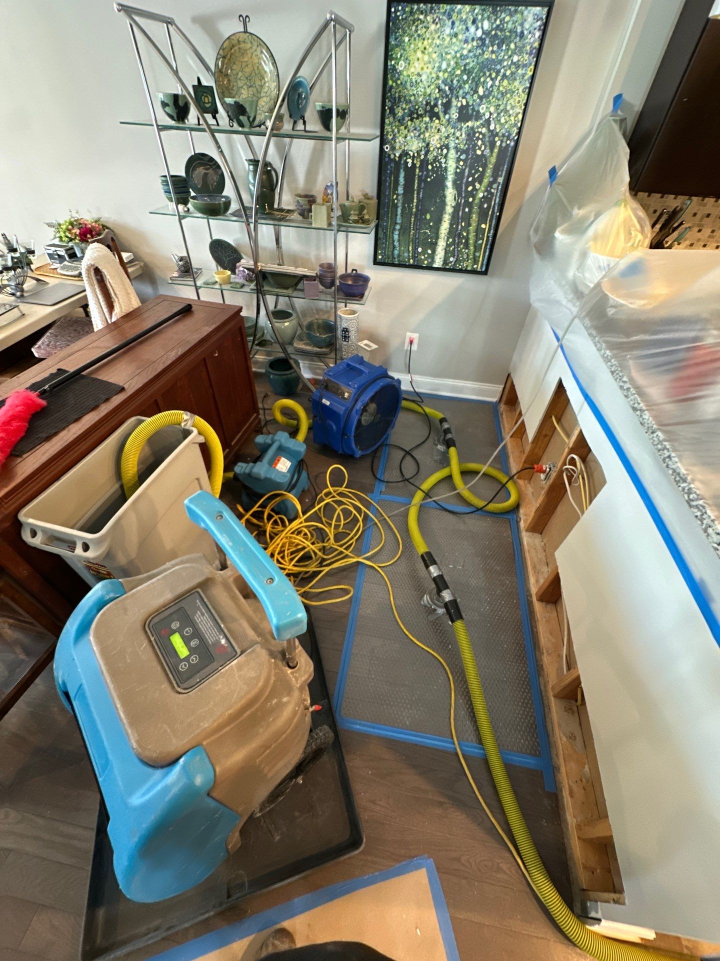 Mid-stage remediation with structural members monitored during controlled drying phase.