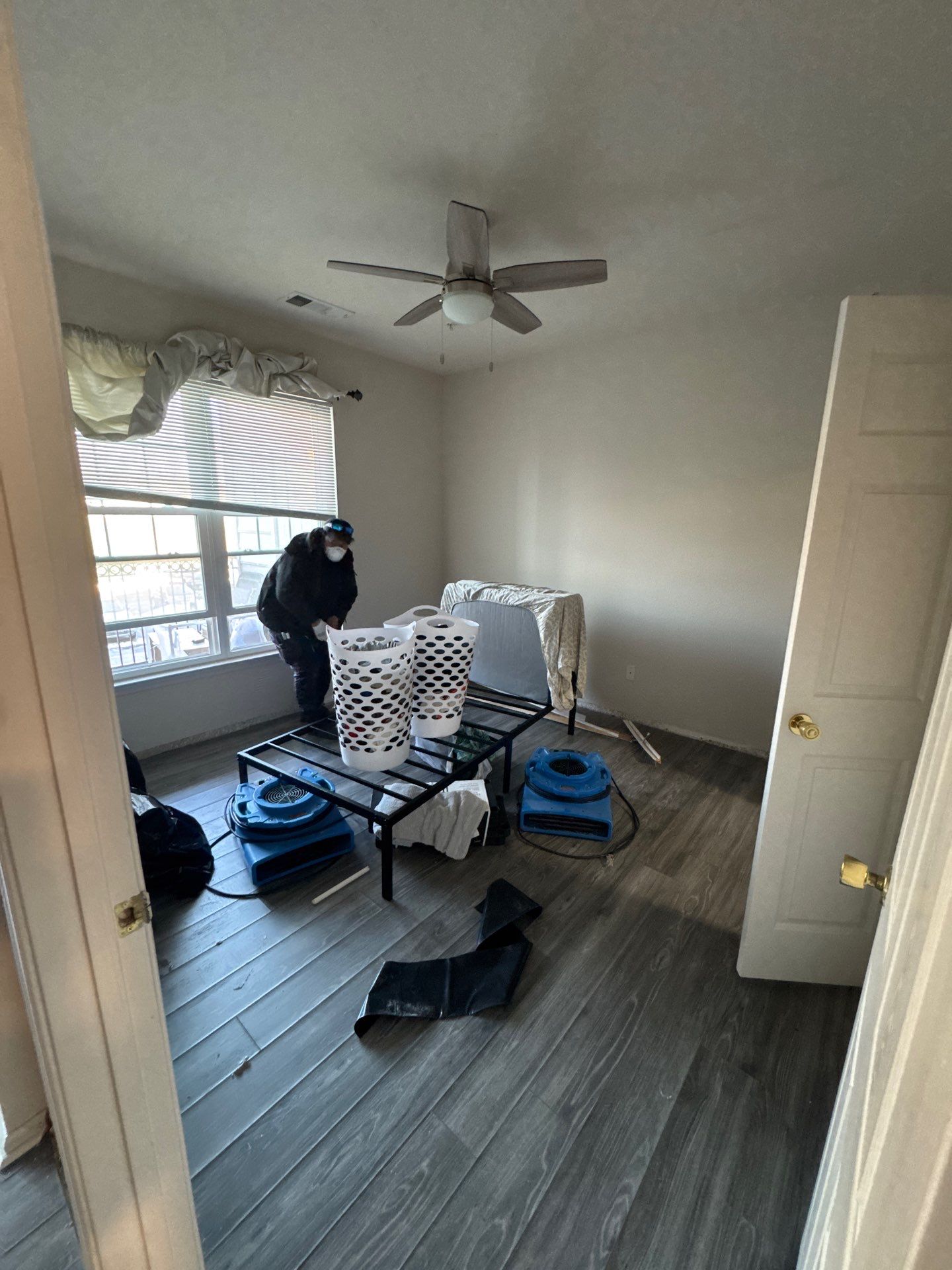 Restored flooring and sanitized surfaces following completion of mold remediation and dehumidification process.