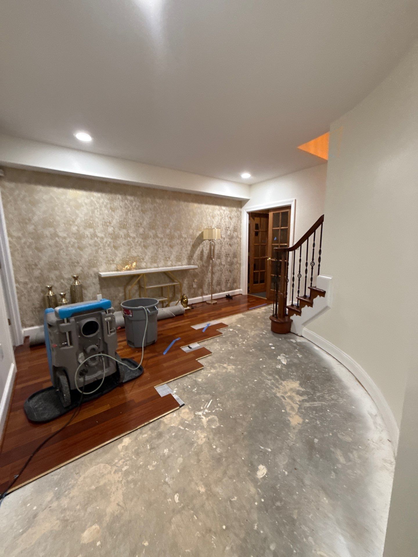 Final-stage drying setup before flooring replacement in Vienna water damage restoration.