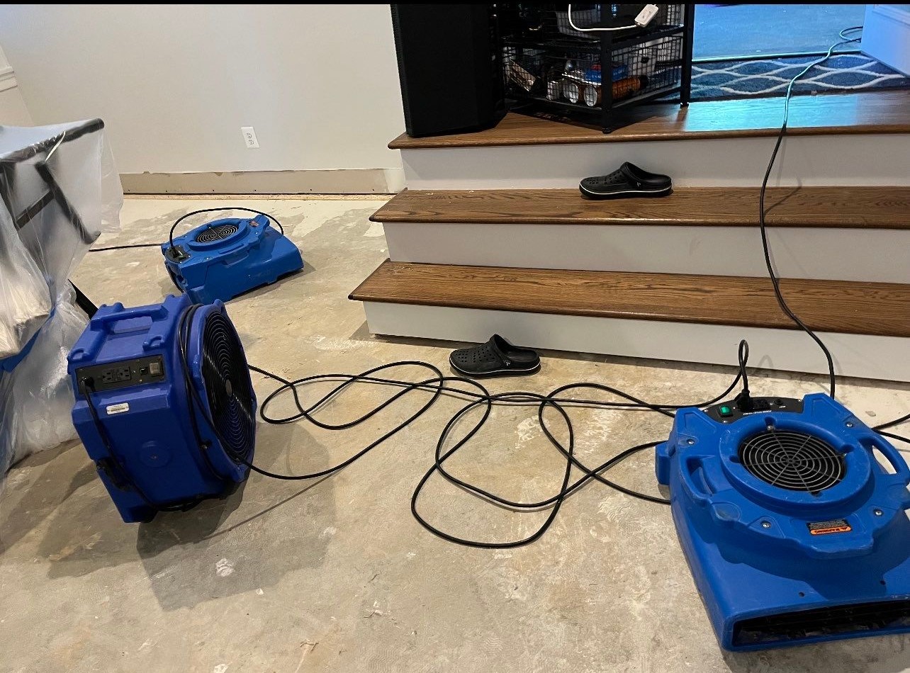 Final stage of mold remediation showing restored flooring and completion of structural drying in Falls Church home.