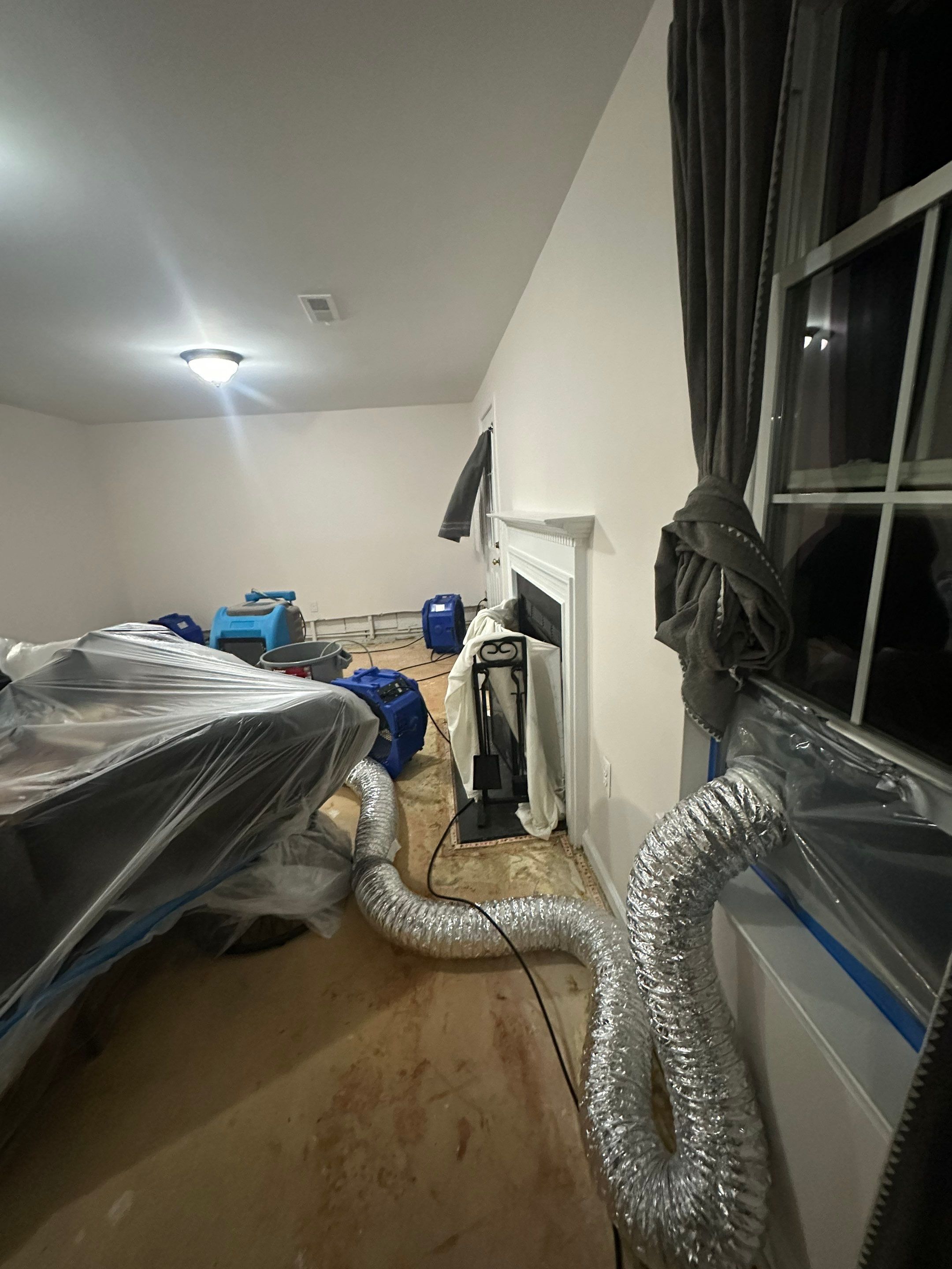Final-stage drying equipment in place after mold remediation work in Sterling, nearing completion.