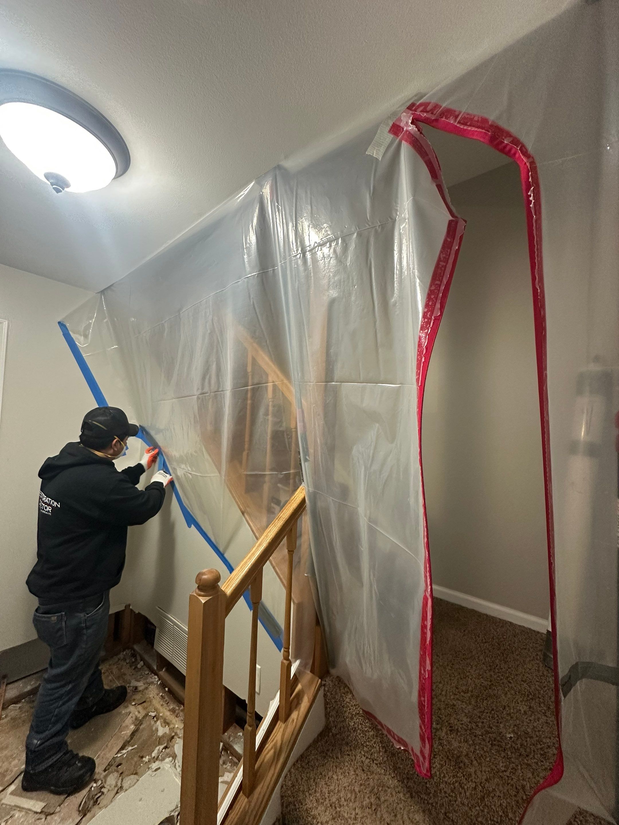 Dehumidifier and air movers set up during mold remediation in Sterling to begin structural drying.