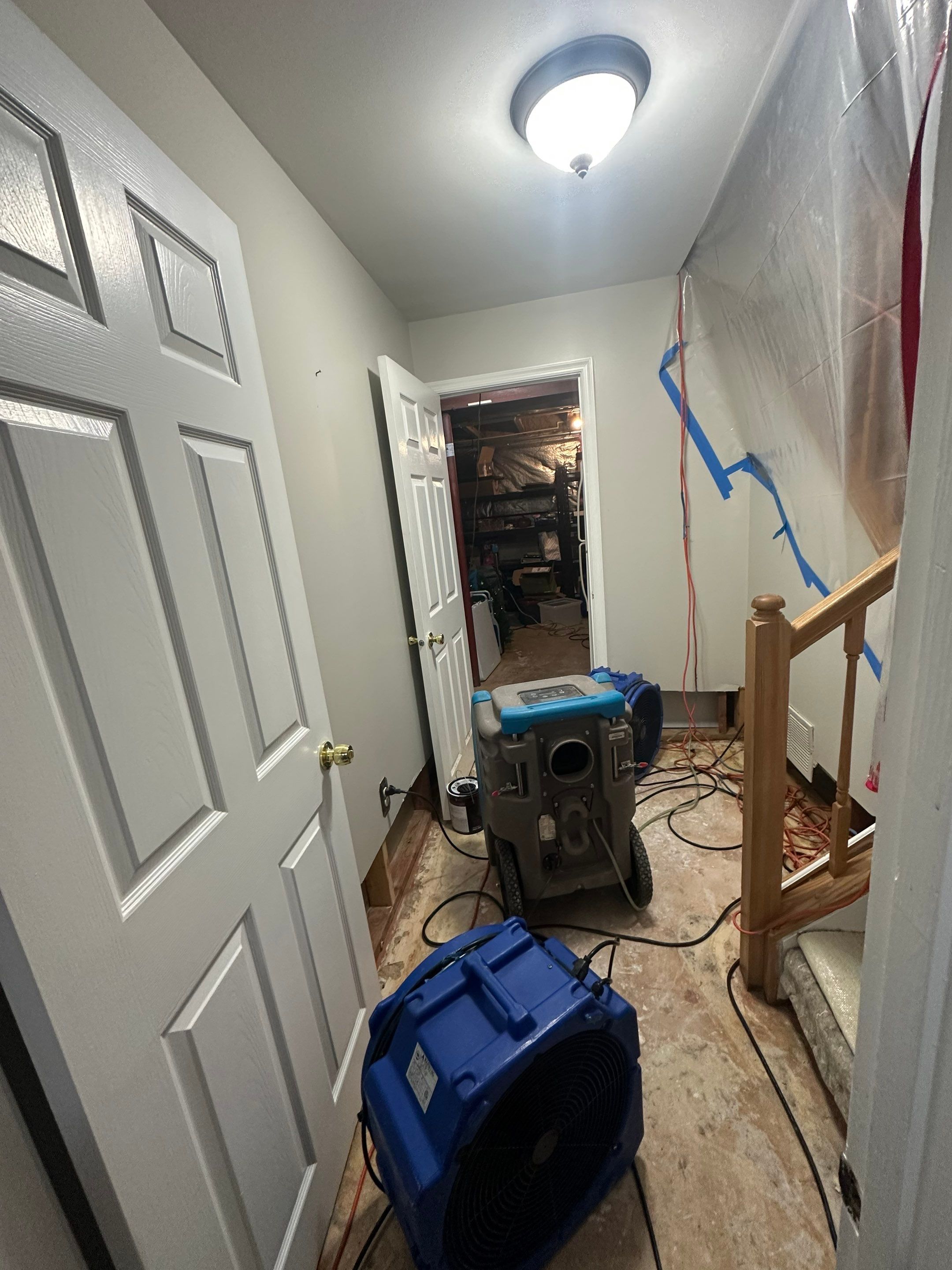 Moisture monitoring equipment positioned mid-remediation to track drying progress in Sterling mold job.
