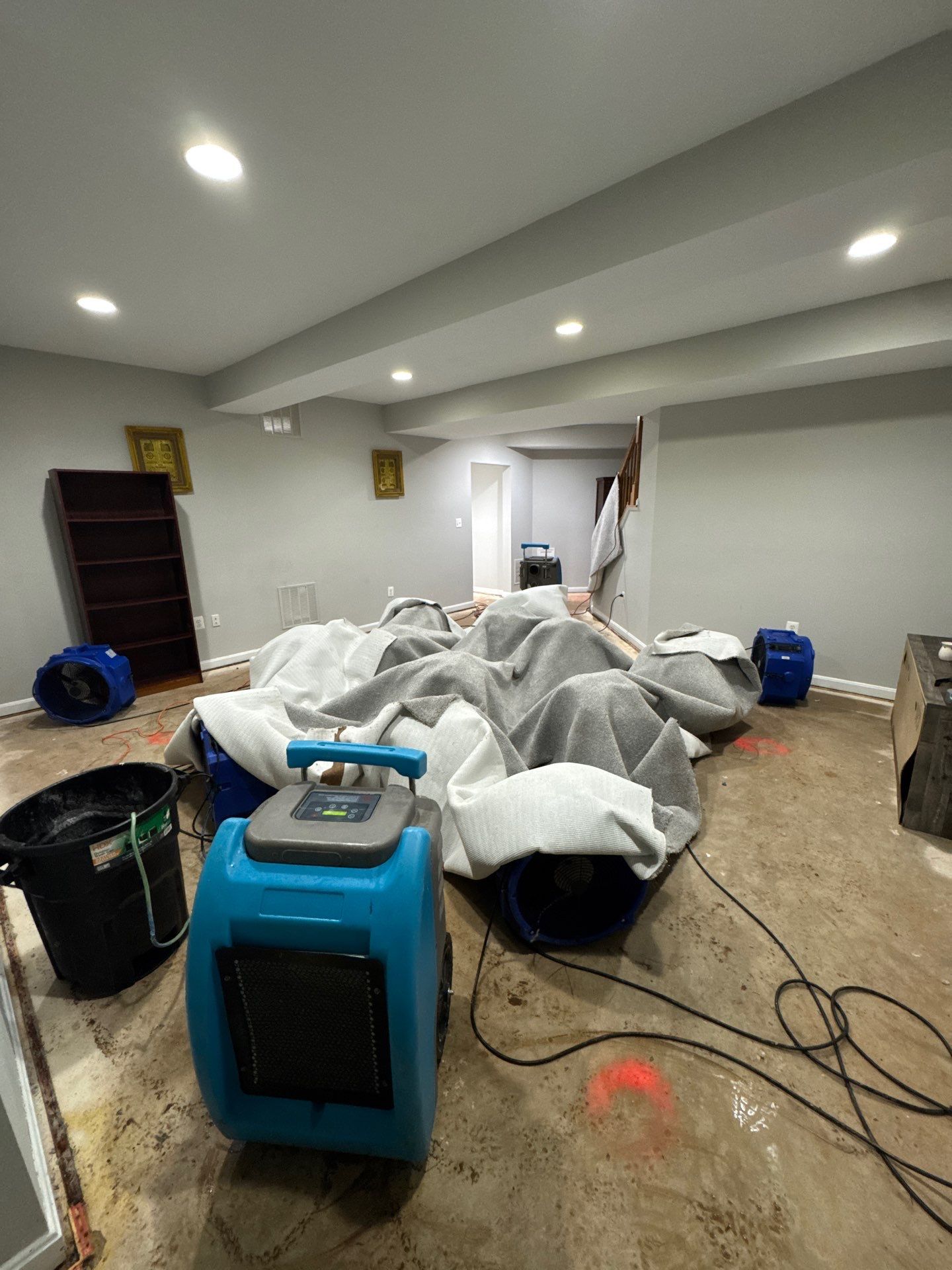 Structural drying in progress with equipment placement targeting wall cavities and subflooring.