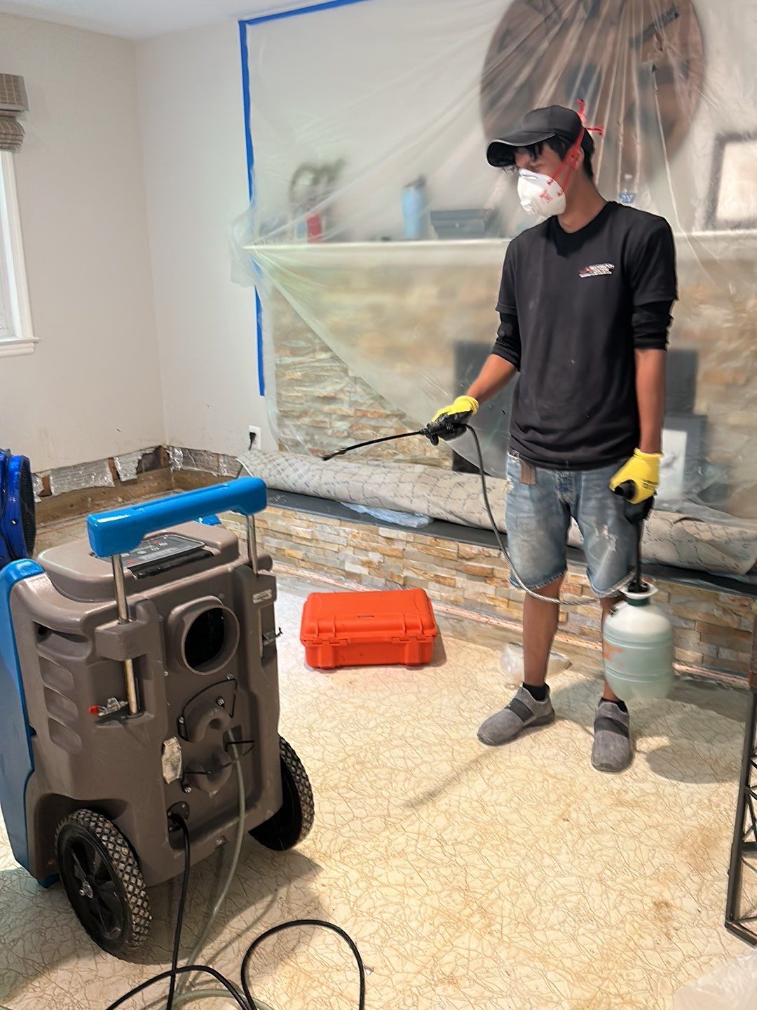 Final-stage water restoration in Oakton showing cleared space after dehumidification and sanitizing complete.