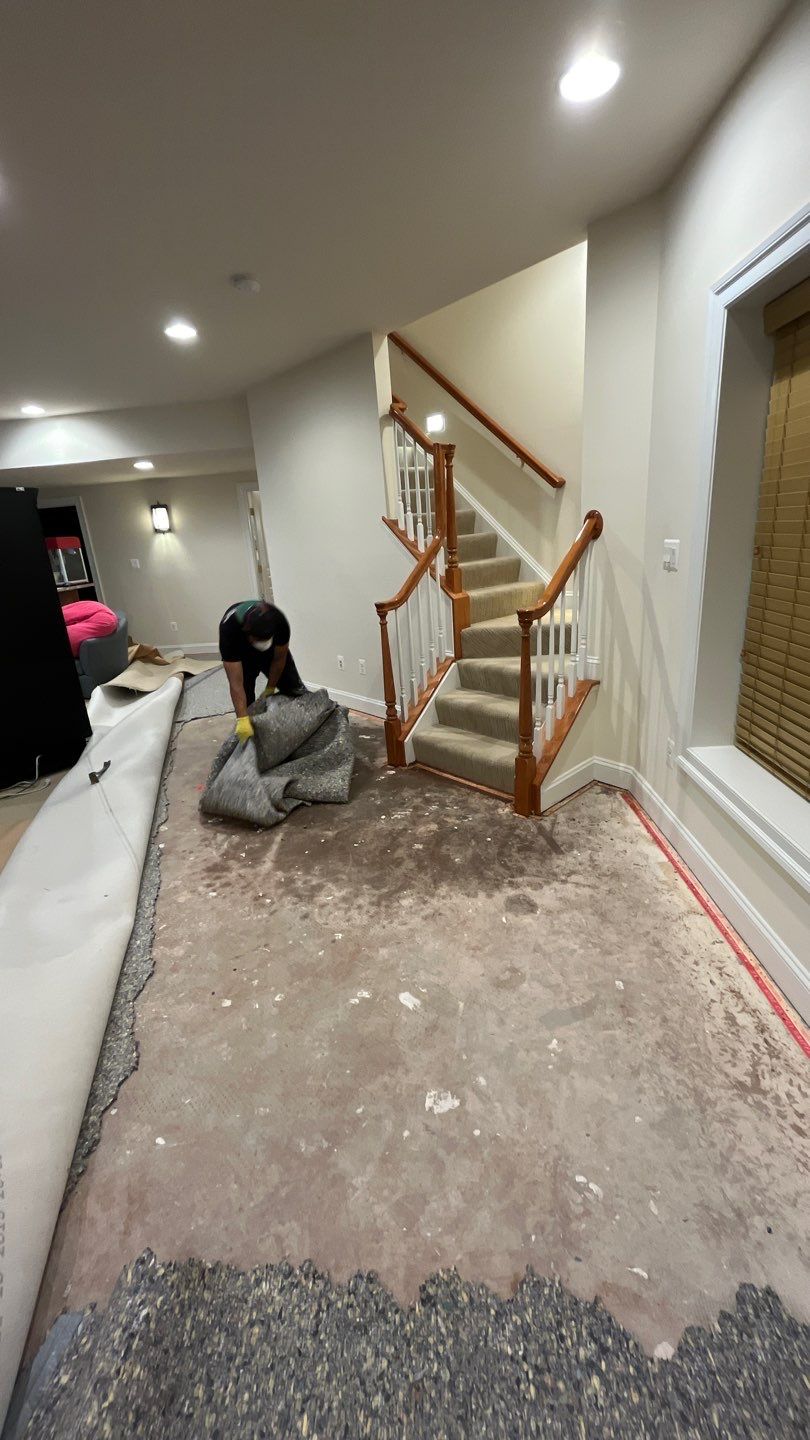 Dehumidification and air movement equipment positioned during structural drying phase of water damage restoration.