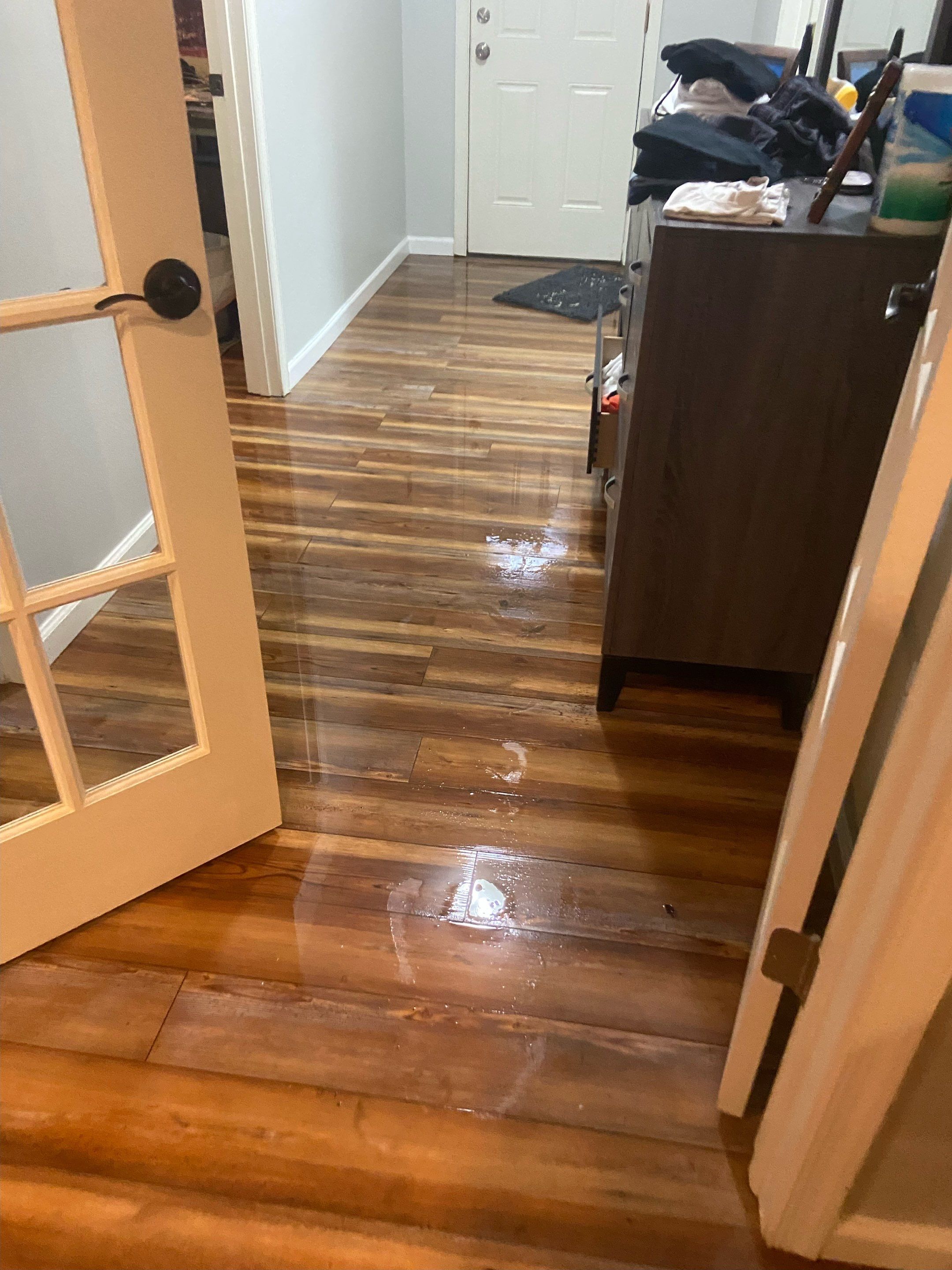 Standing water extraction underway in Great Falls water damage restoration, removing pooled water from flooded interior space.