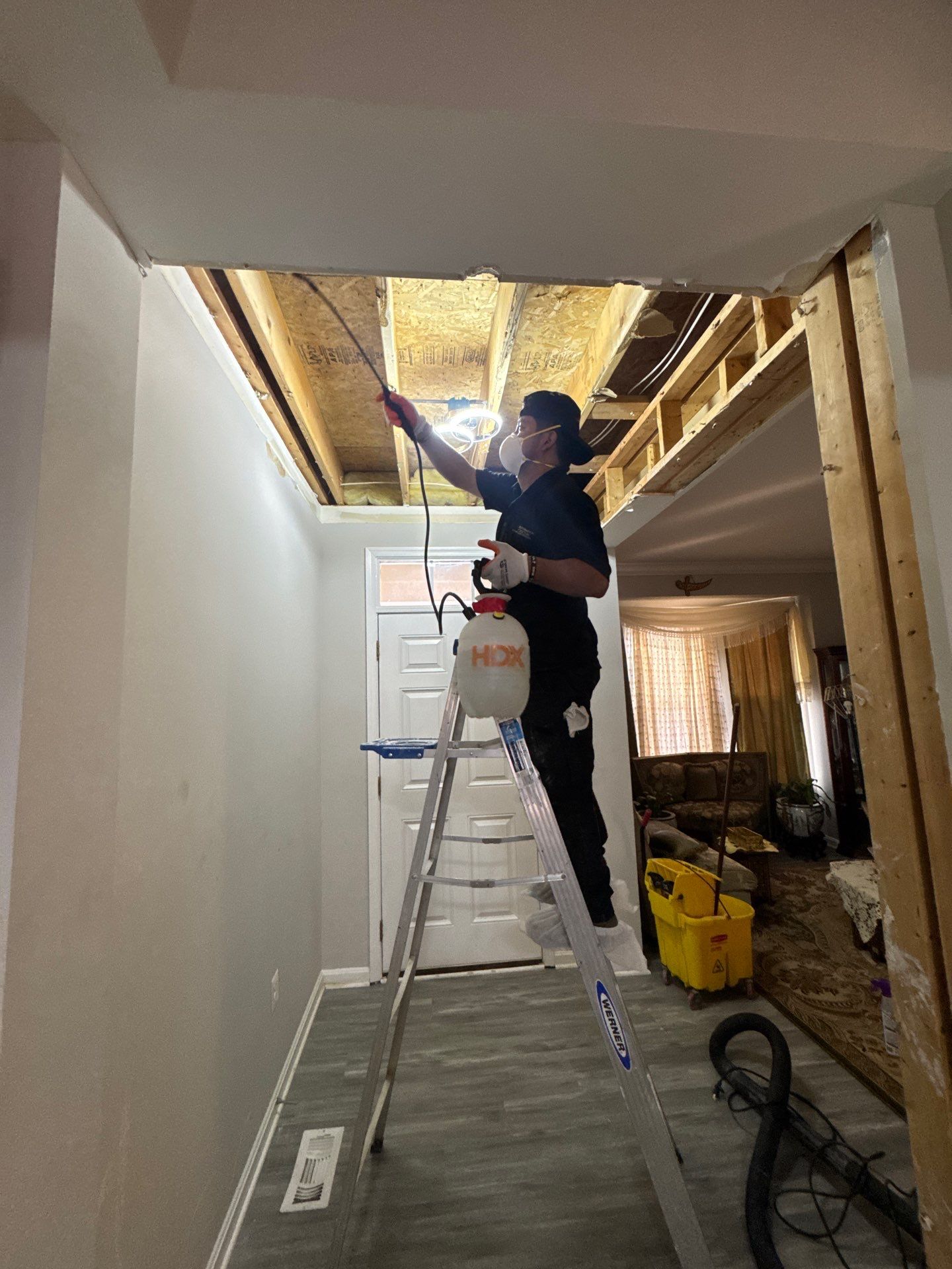 Framing and subflooring visible after water-damaged materials stripped away in Chantilly.