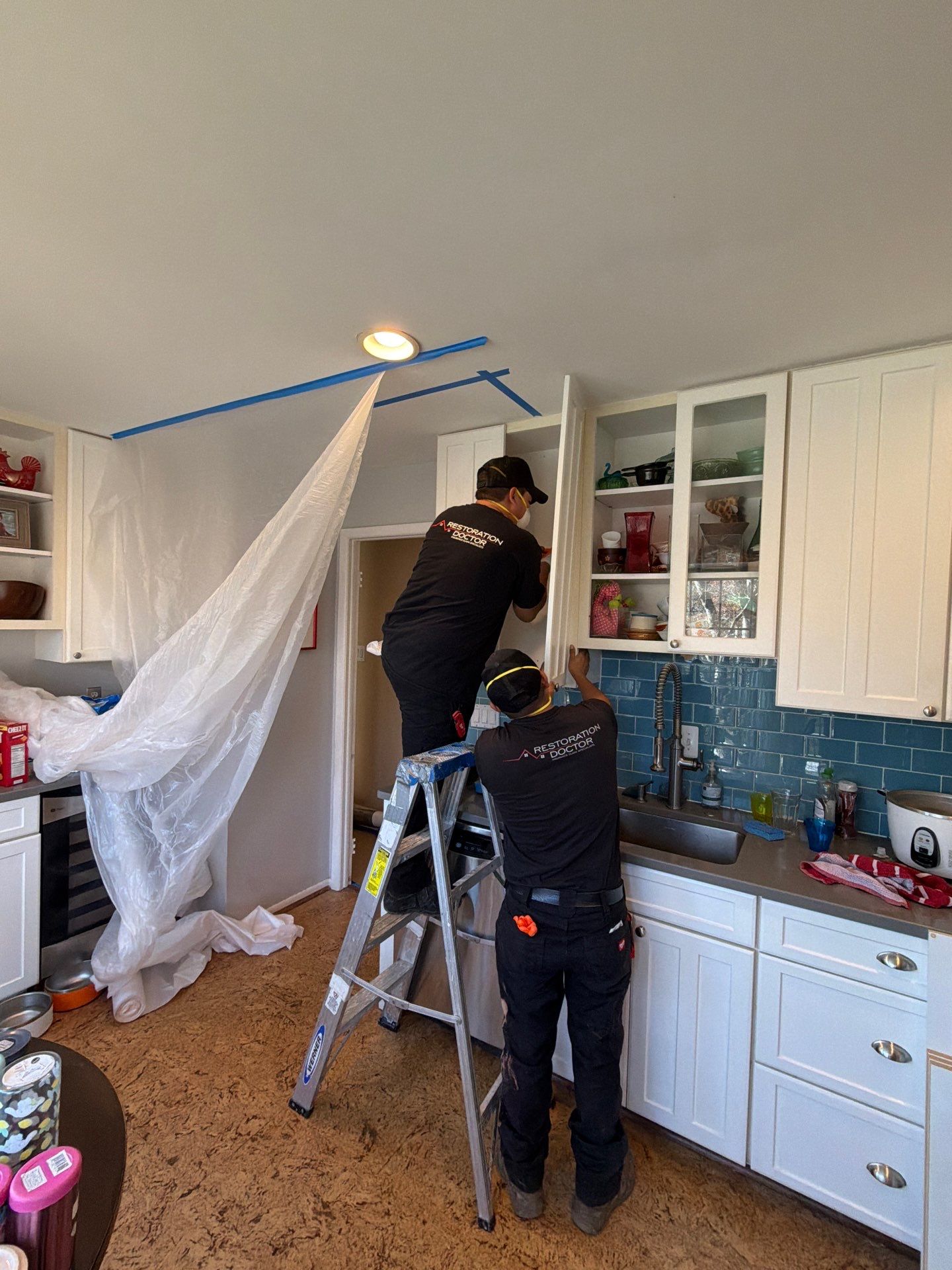 Containment and antimicrobial application during mold remediation process.