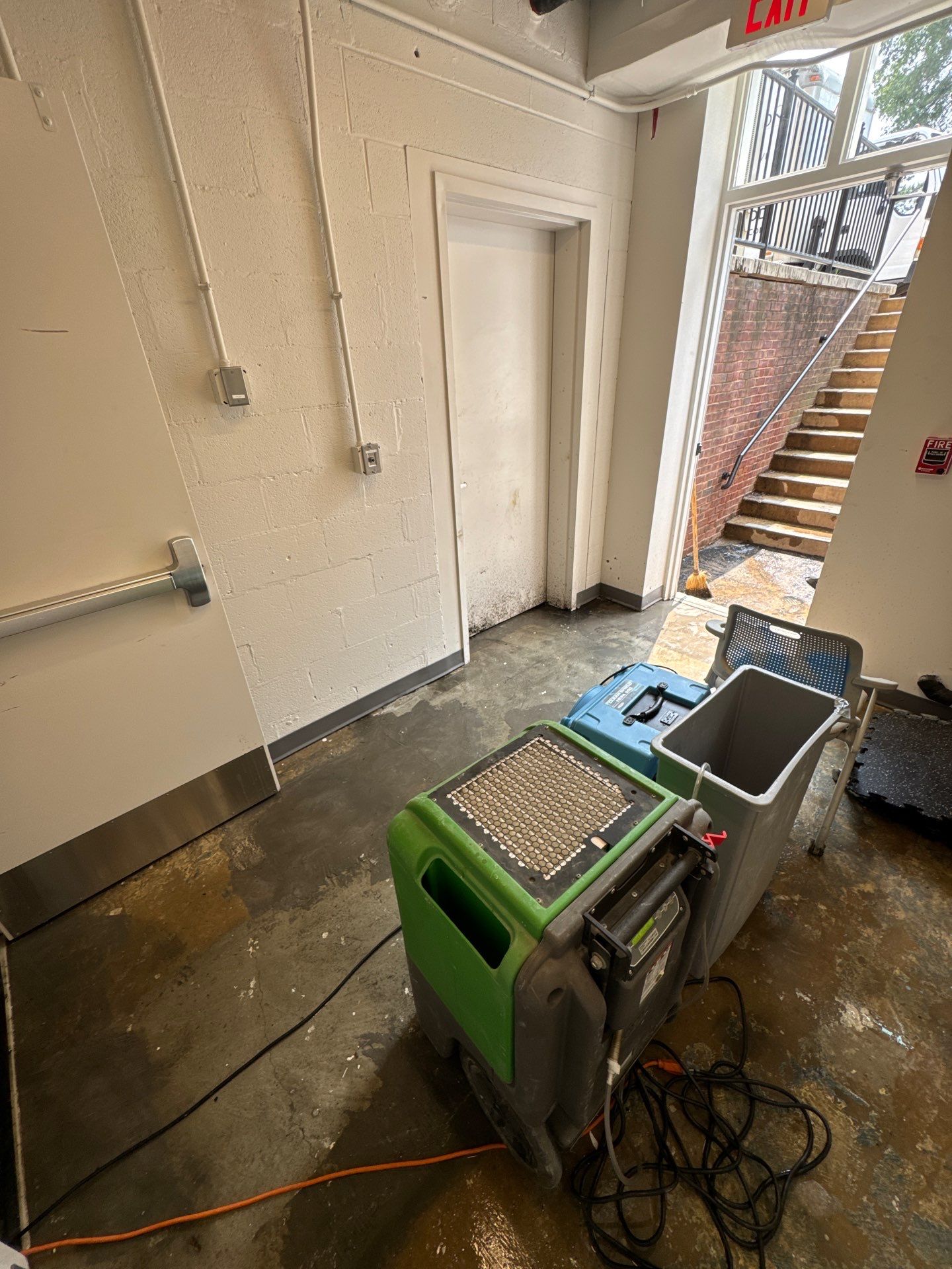 Water damage restoration in Arlington: initial structural drying setup with dehumidifiers and air movers positioned for moisture extraction.