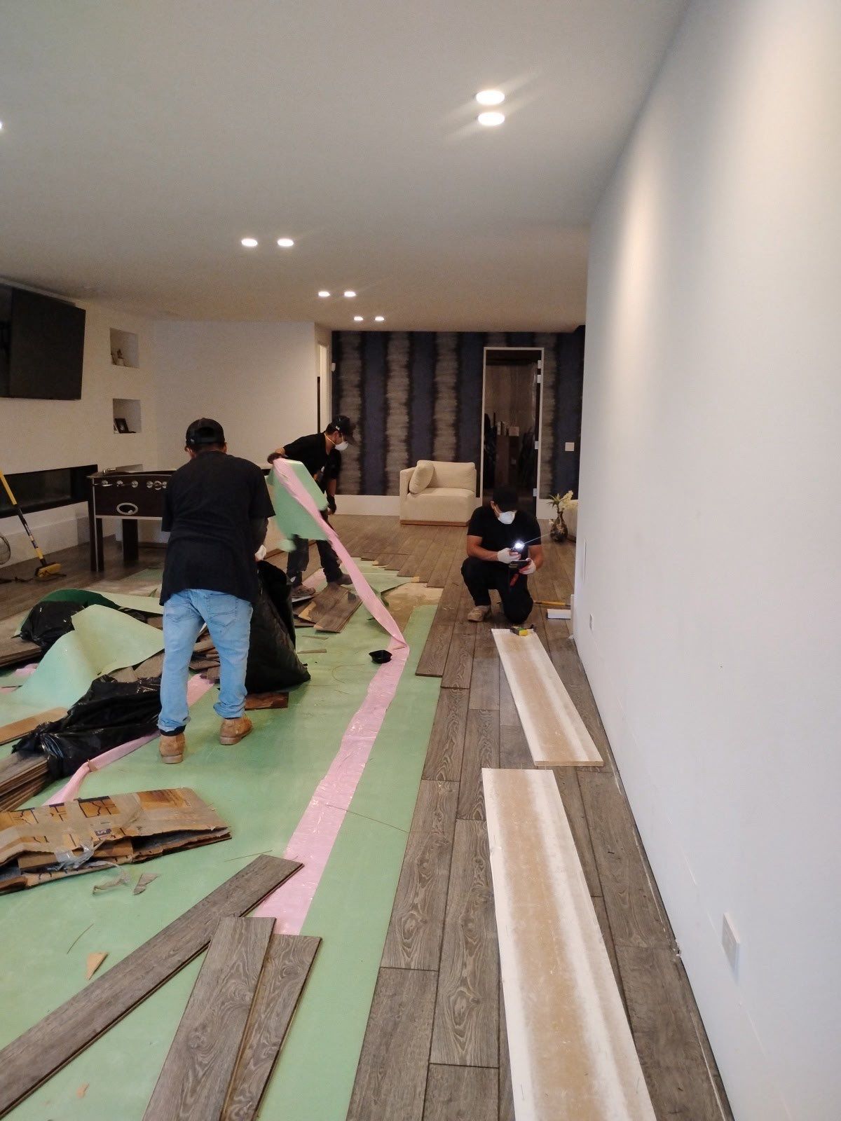 Completed water damage restoration in Ashburn with new drywall, flooring, and structural elements reinstalled and finished.