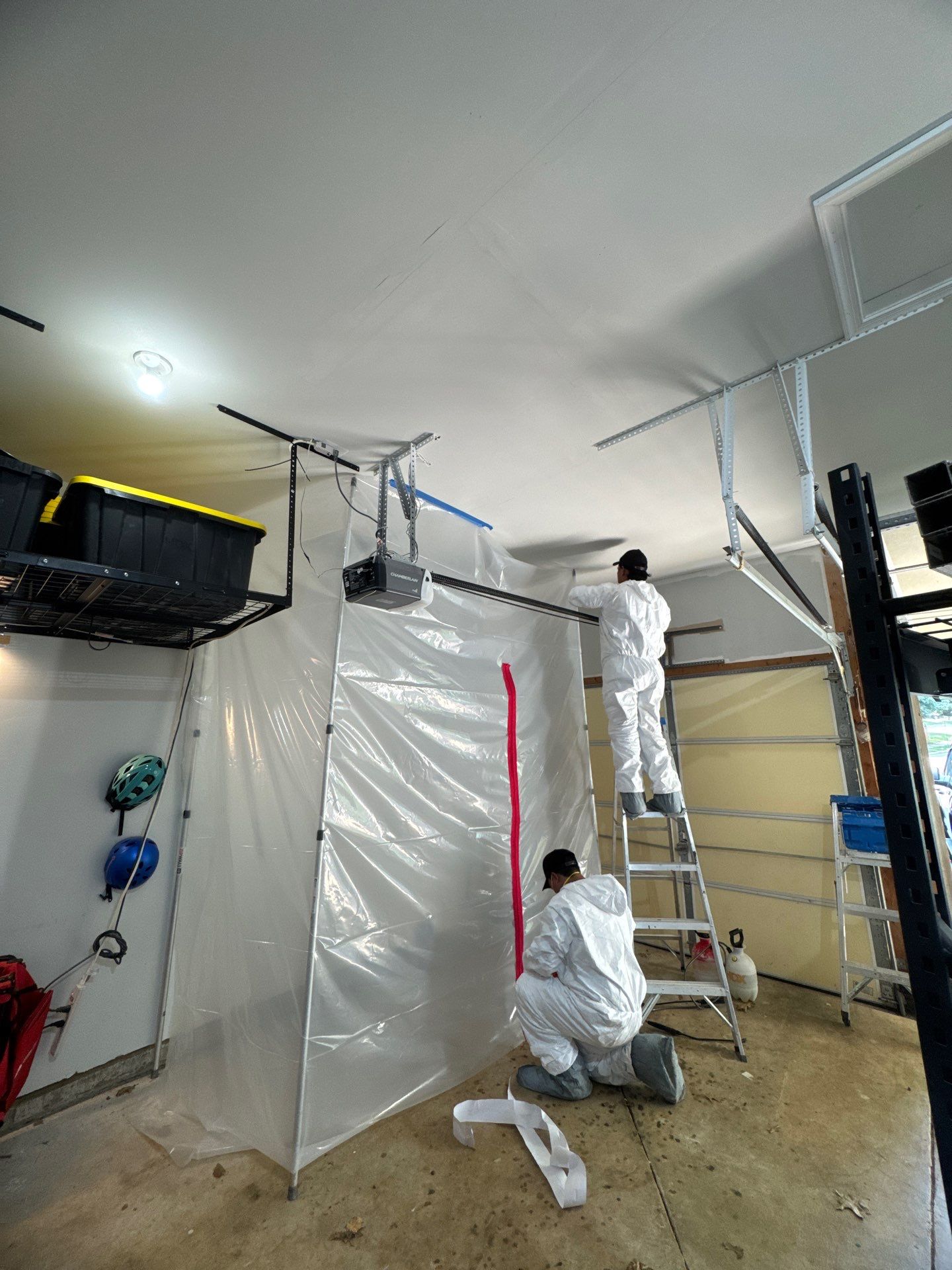 Standing water and ceiling damage in Warrenton mold remediation job, initial assessment phase.