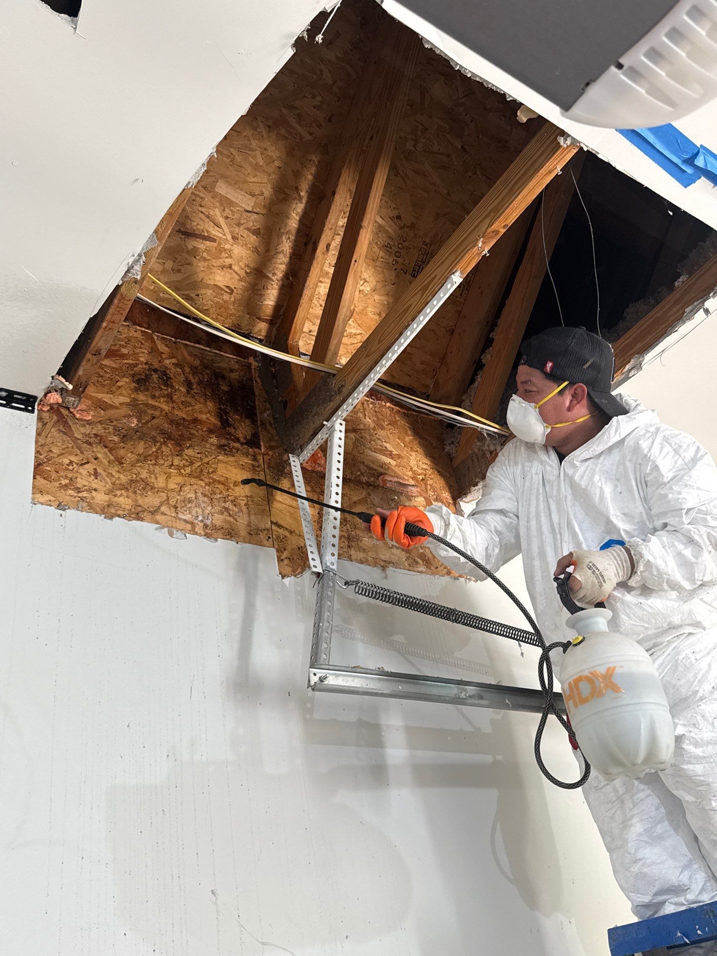 Structural drying in progress with monitoring equipment placed throughout remediation zone.