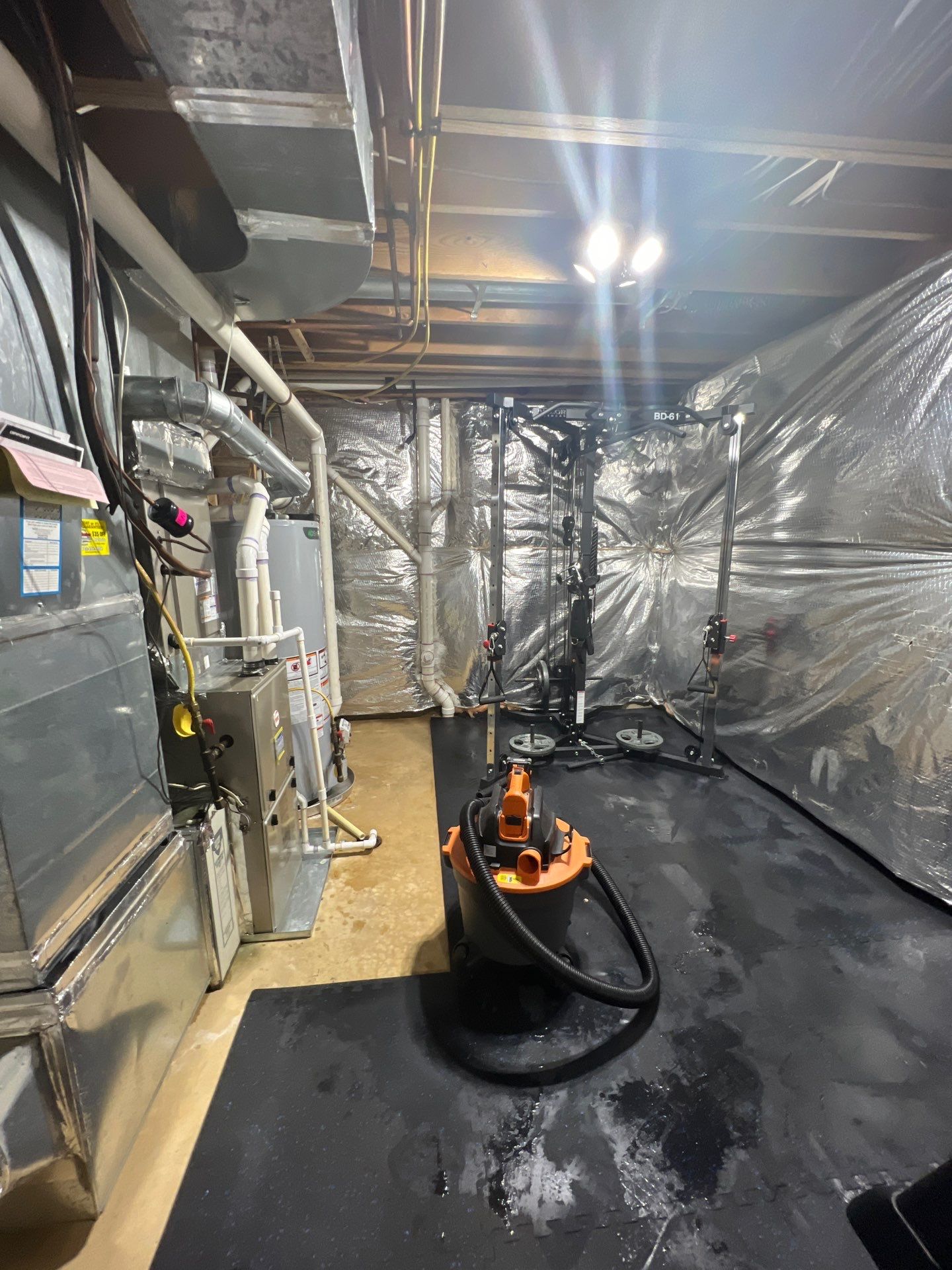 Thermal imaging inspection mapping moisture distribution across affected structural cavities during drying.