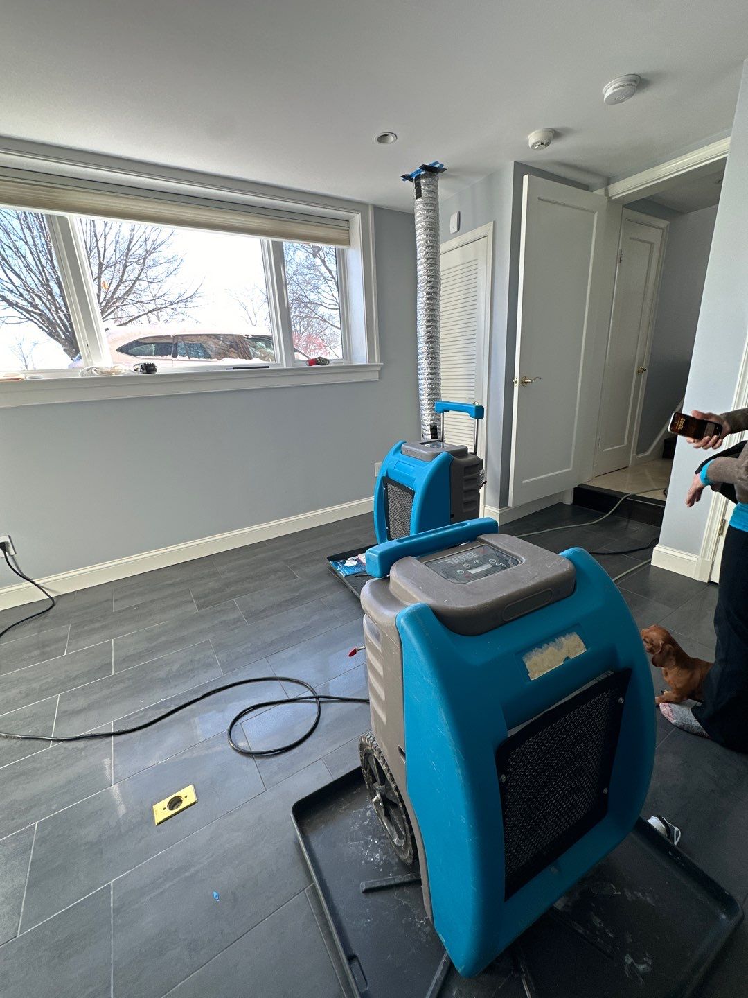 Structural drying in progress with multiple dehumidifiers running to extract moisture from walls and framing.
