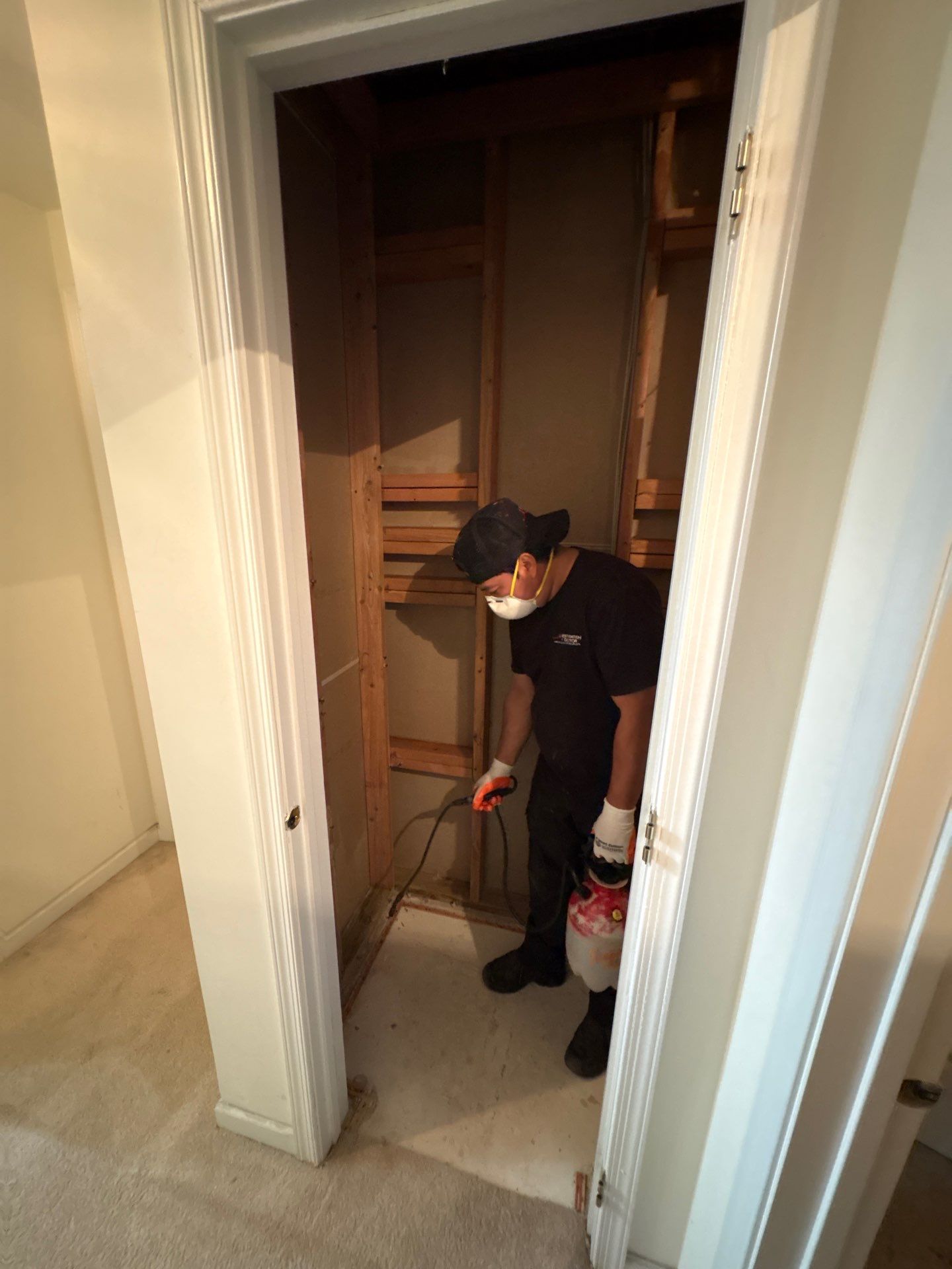 Mid-stage mold remediation showing active dehumidifier and drying apparatus during structural drying phase.