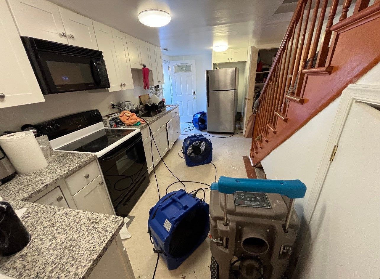 Water-damaged carpet and flooring in Falls Church home awaiting extraction and drying.