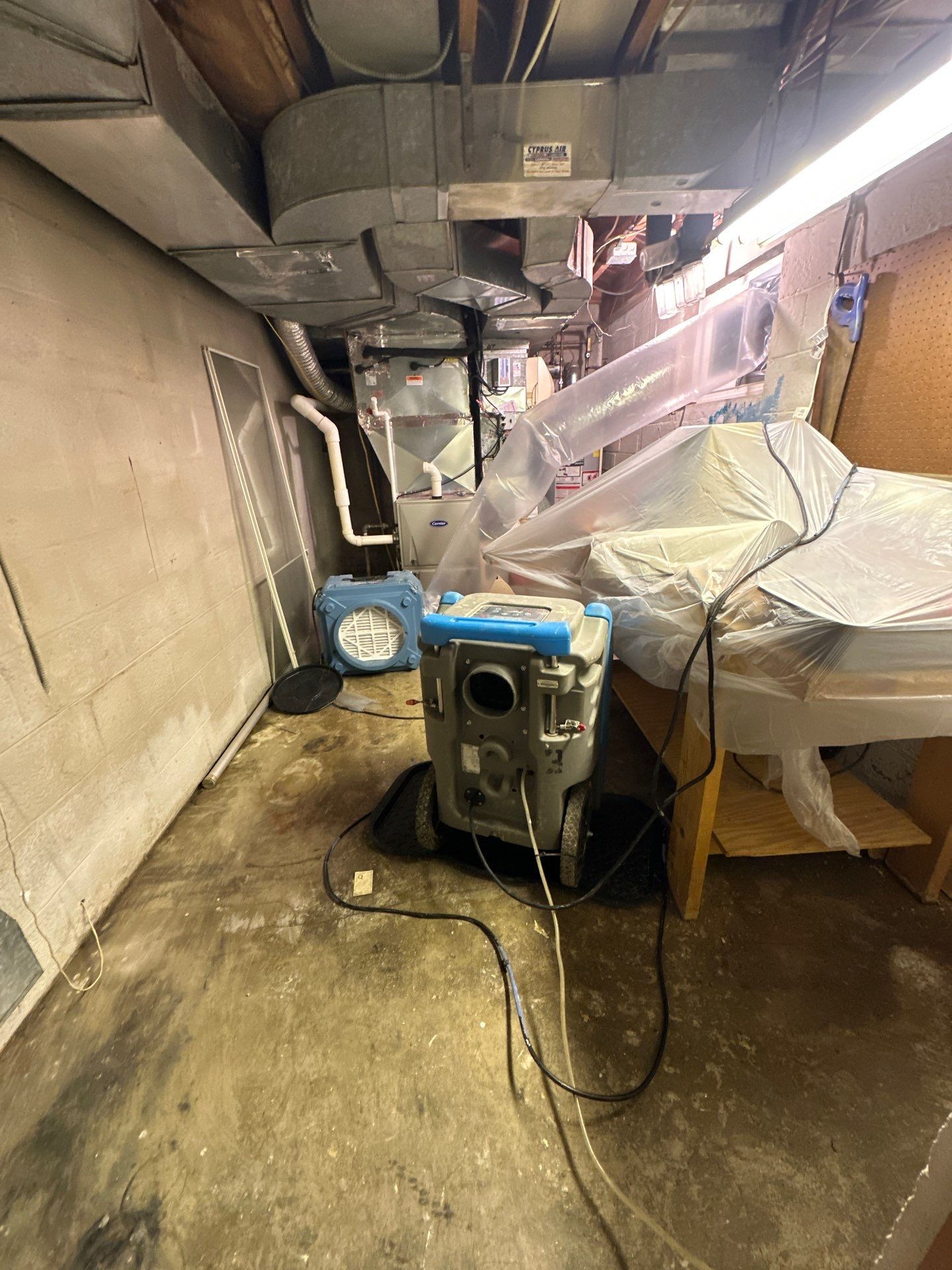 Continued dehumidification and structural drying as moisture levels decrease during remediation.