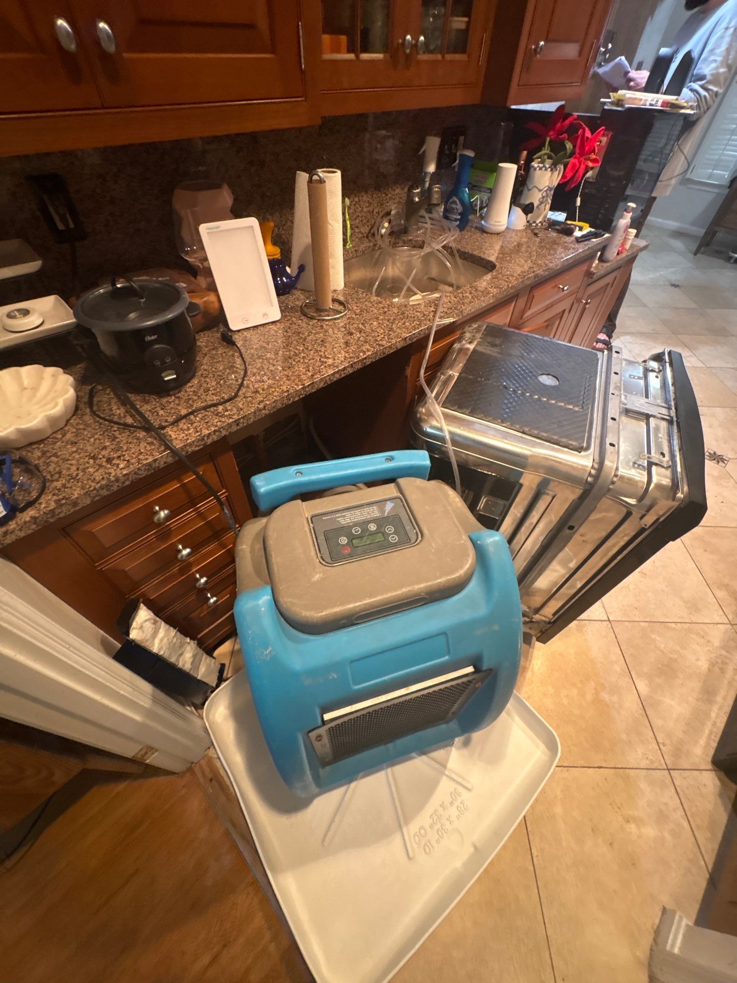 Mid-stage drying setup showing dehumidifiers and air movers deployed across affected areas in Alexandria.
