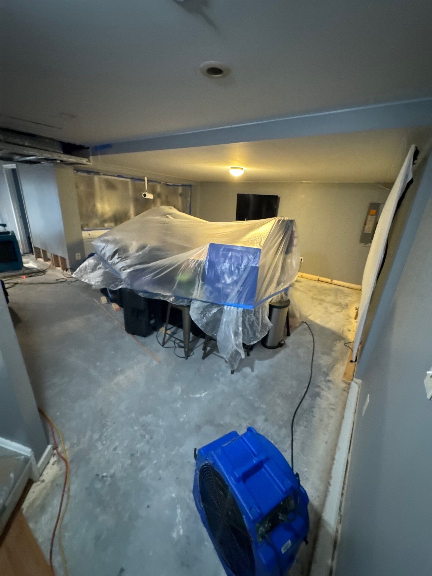 Final stage of Springfield water damage restoration with containment removed and ceiling repair completed.