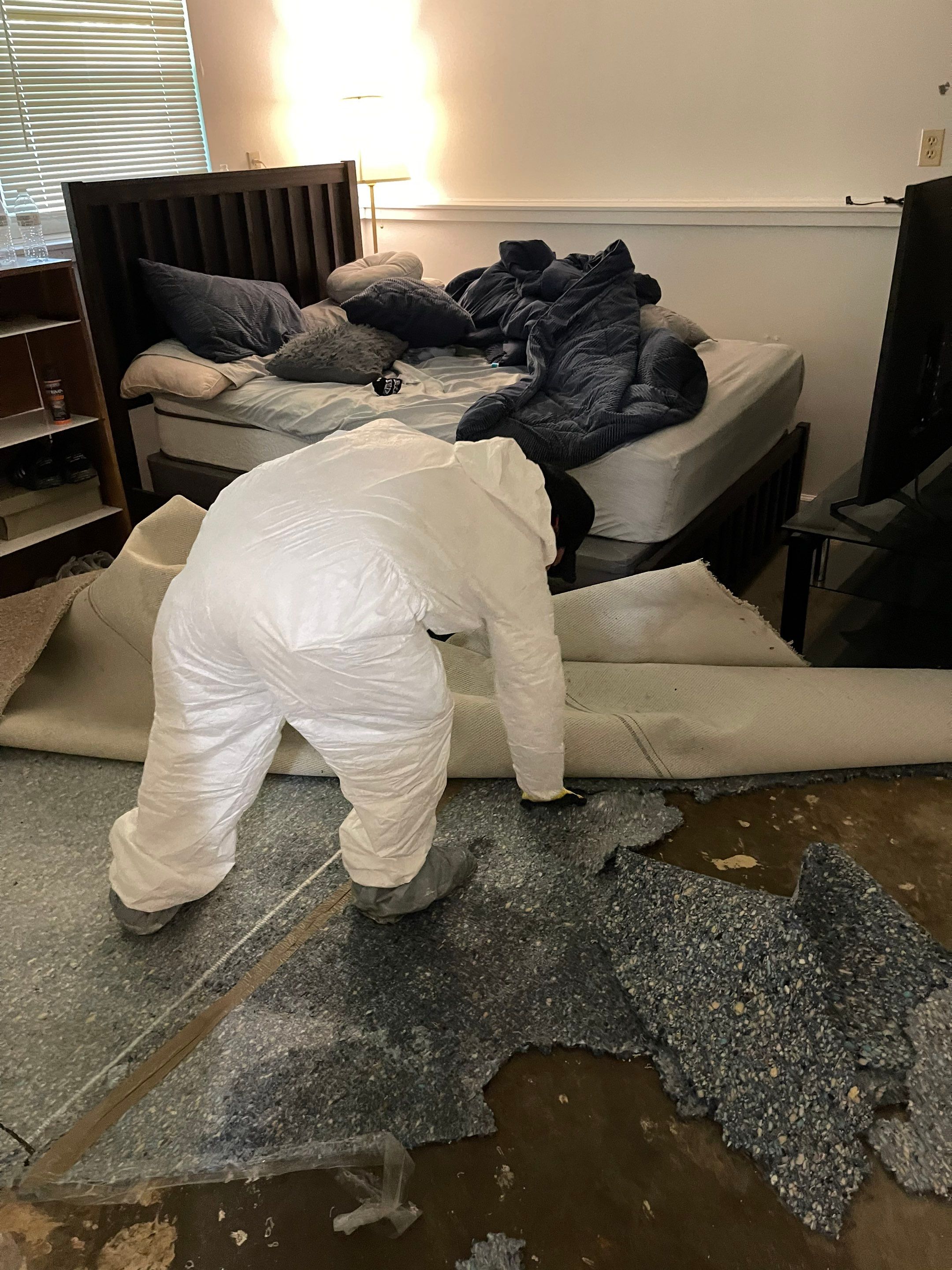 Dehumidification equipment positioned for structural drying during moisture remediation.