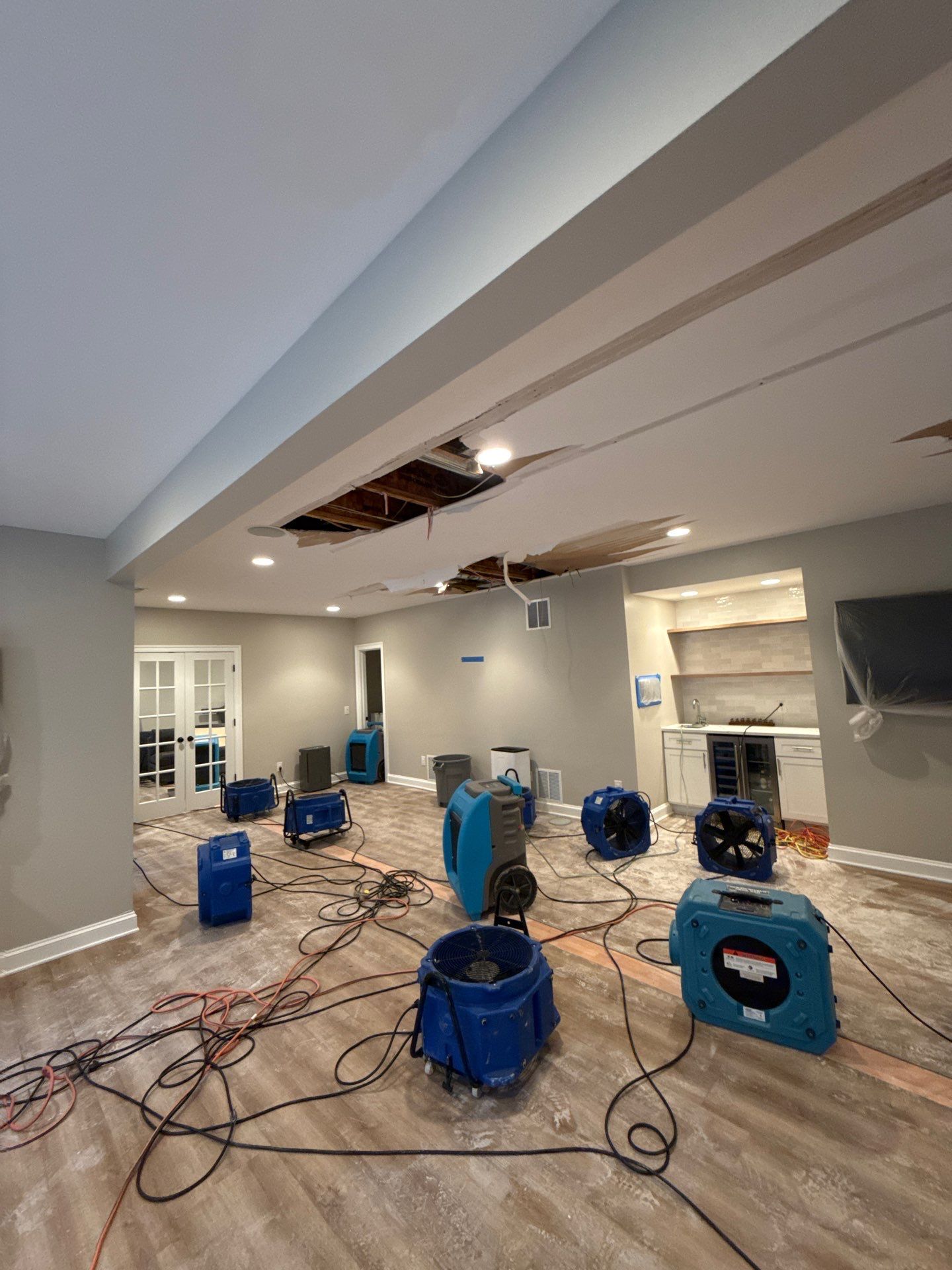 Ceiling repair framework in place during final stages of Oakton water damage restoration.