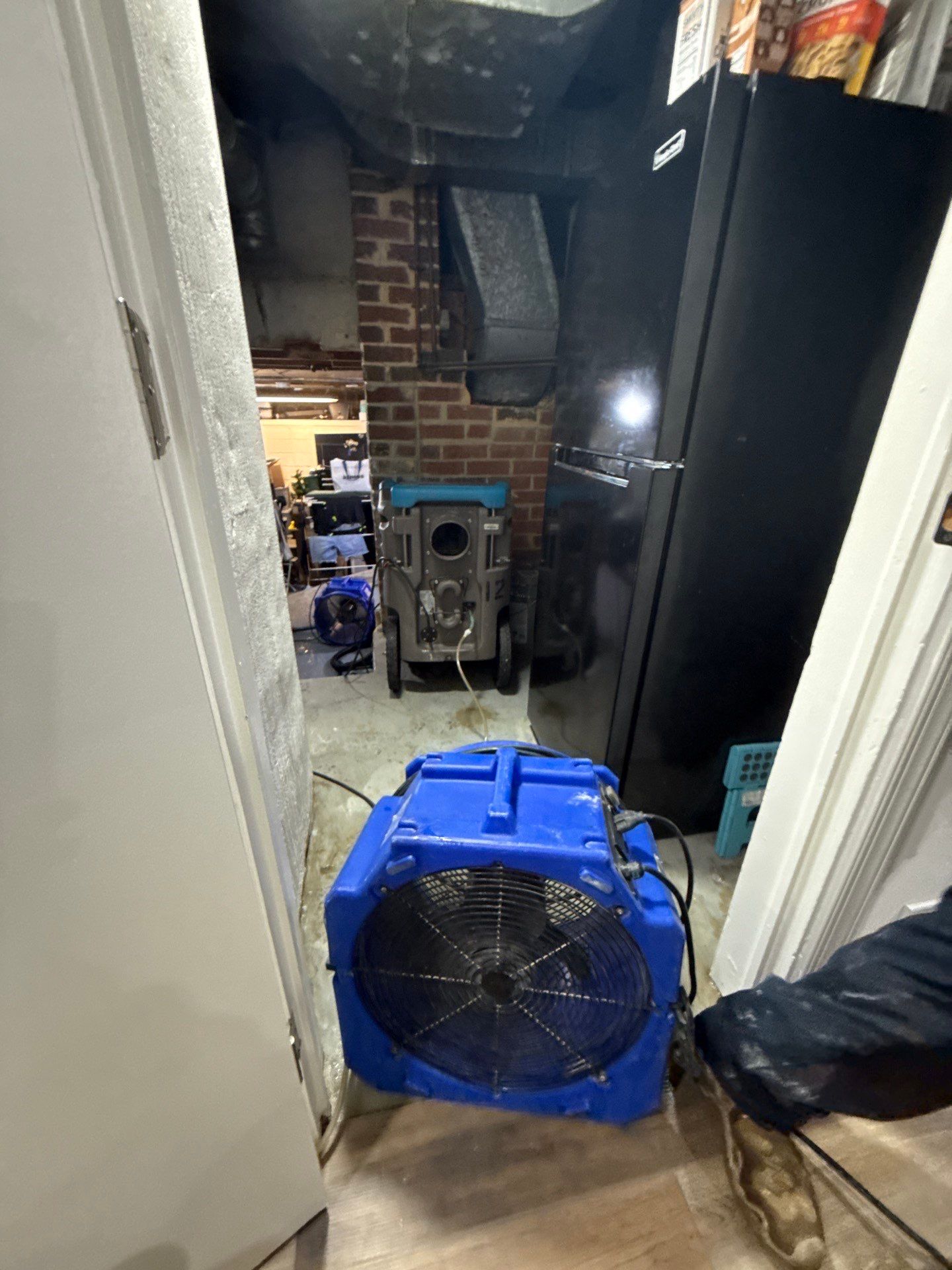 Dehumidifier and air movers positioned for structural drying phase of mold remediation work.