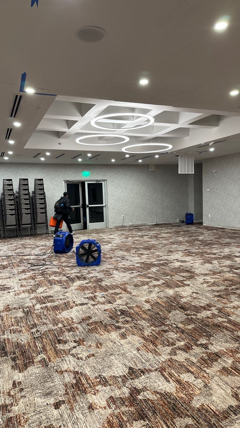 Continued dehumidification and air circulation during water restoration drying phase.