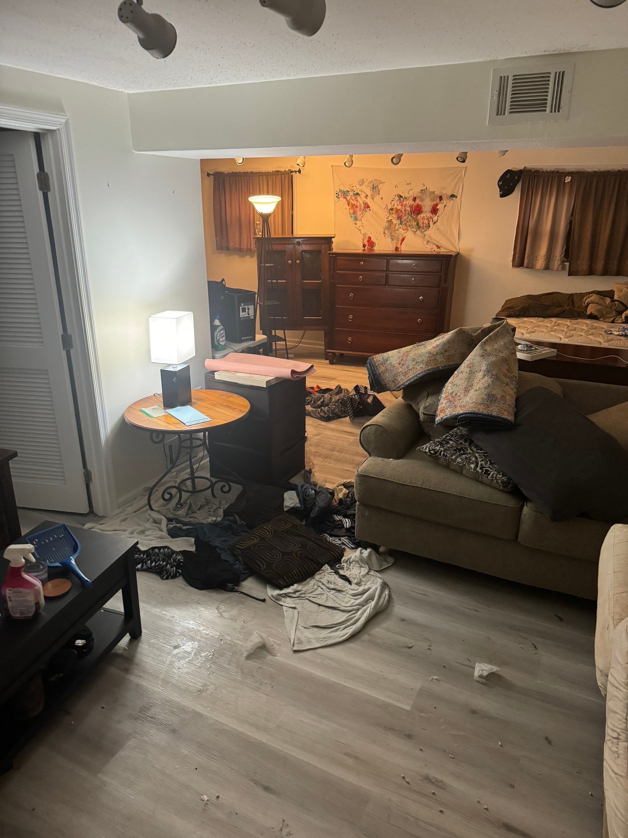Water extraction and dehumidification equipment deployed in Sterling home during initial damage assessment.