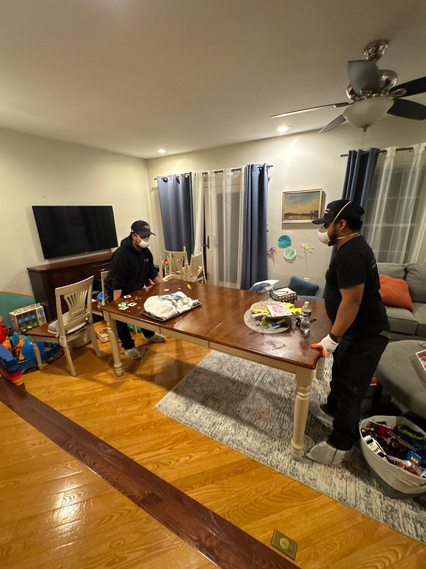Ceiling damage assessment and preparation for repair during Springfield mold remediation structural drying phase.