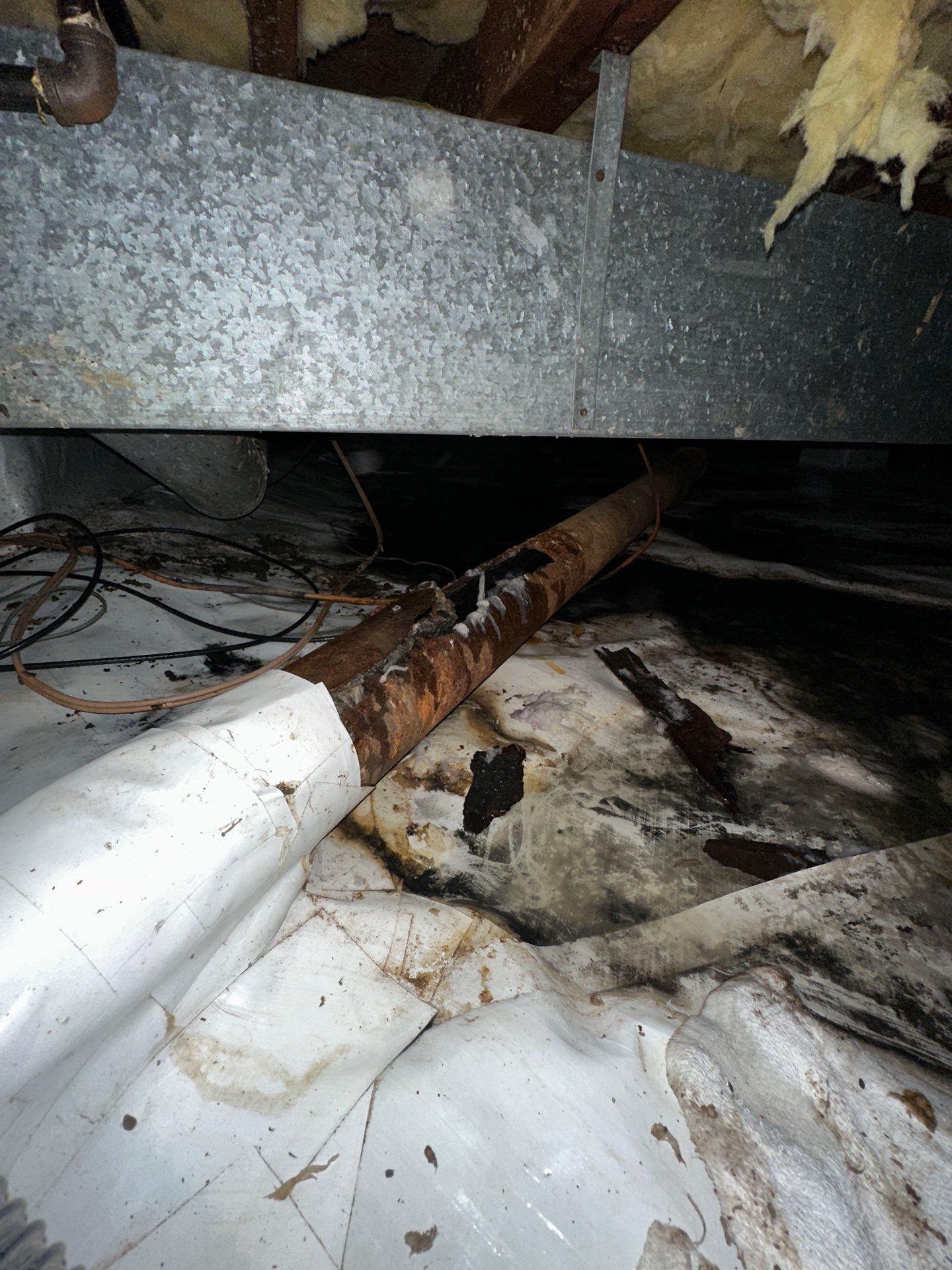 Mid-stage drying operation showing continued dehumidification and air circulation equipment managing moisture removal across the restoration area.