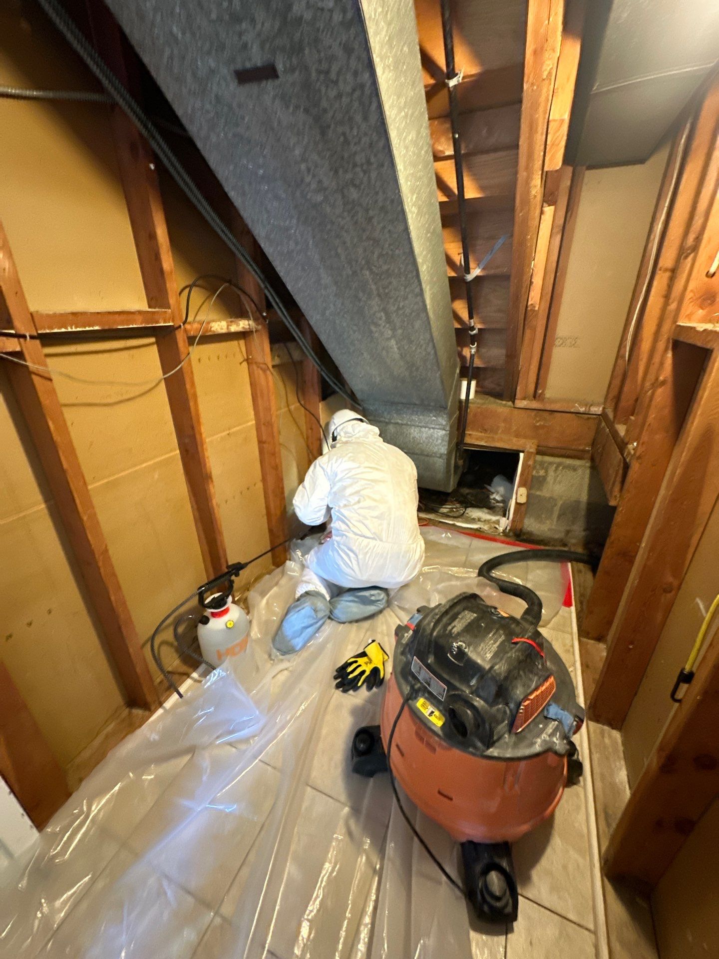 Water damage restoration in Alexandria: dehumidifier and drying equipment positioned in affected interior space during initial assessment and setup.