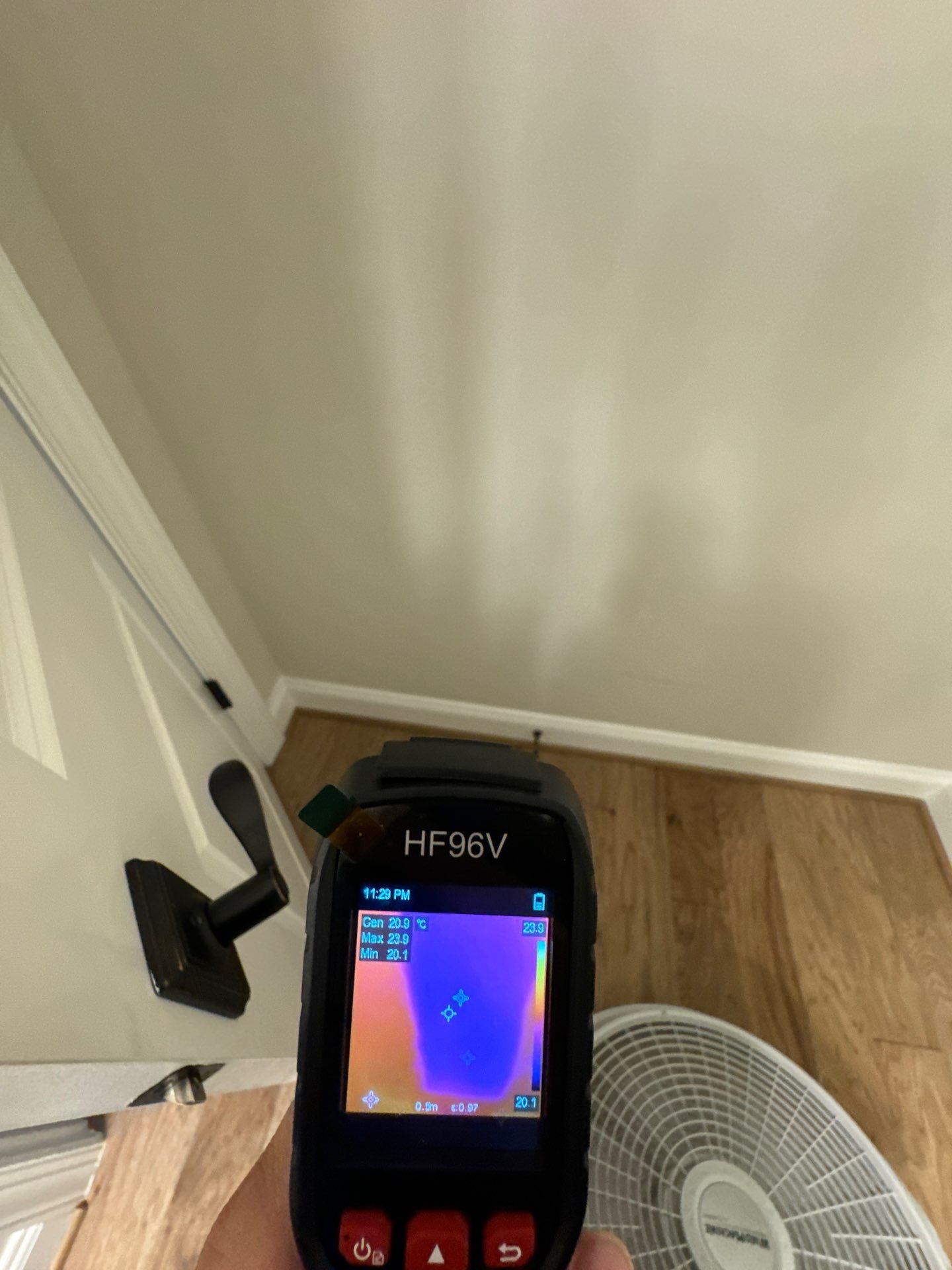 Thermal imaging reveals moisture patterns in ceiling cavity during mold remediation inspection in Purcellville.