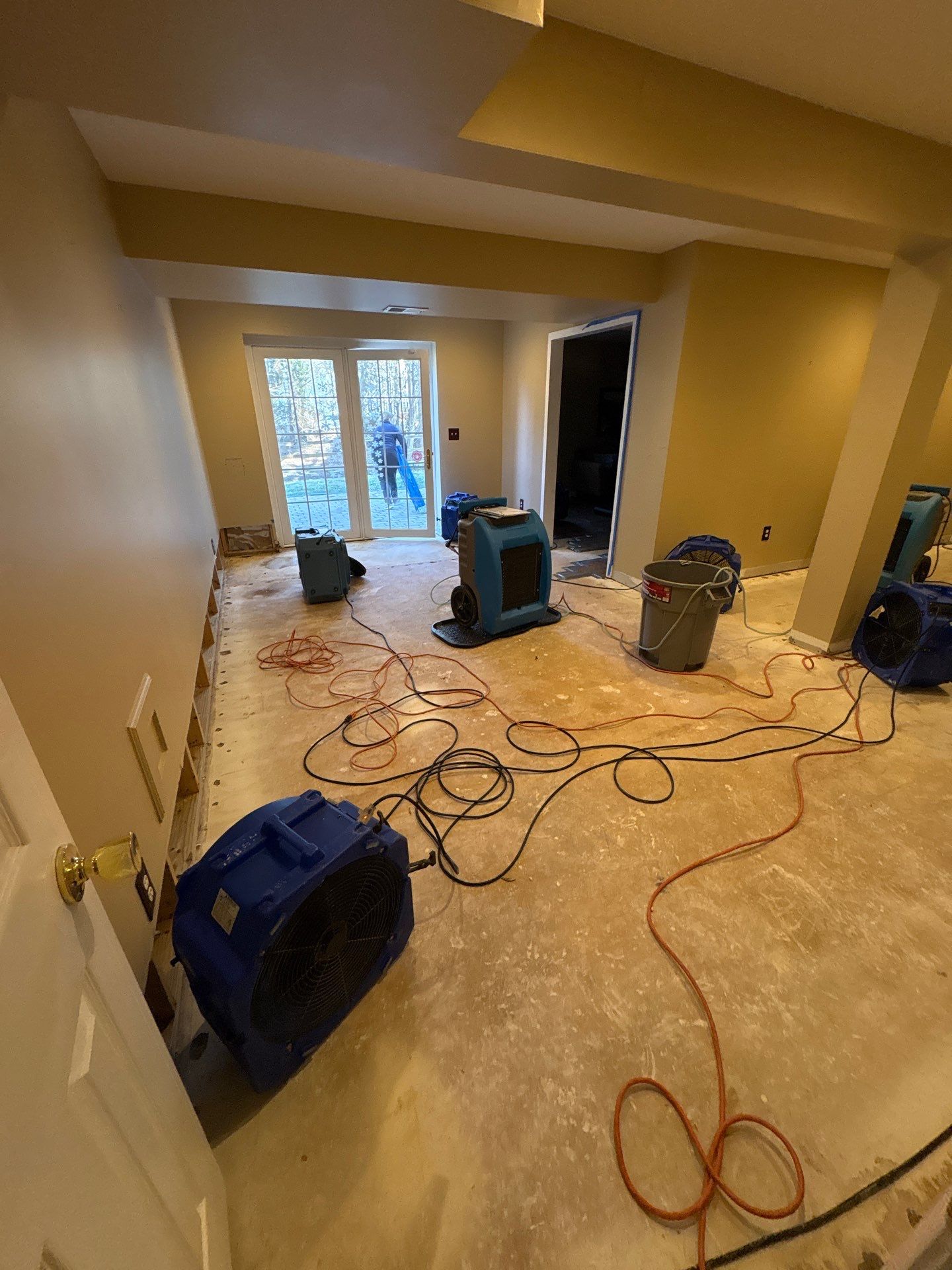 Structural drying equipment positioned within containment to manage moisture during mold remediation work.