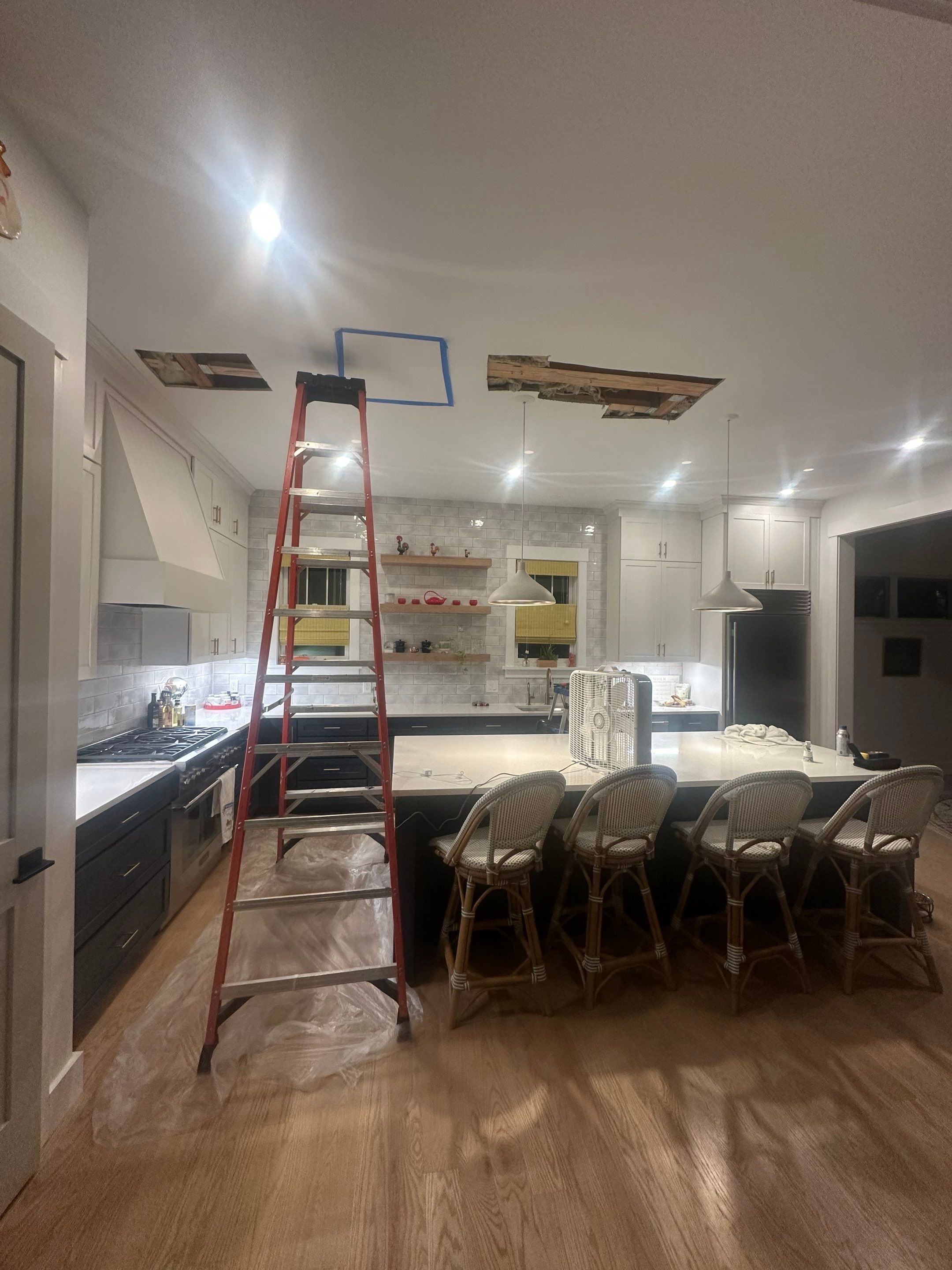 Ceiling section opened to expose moisture damage and mold growth for remediation.