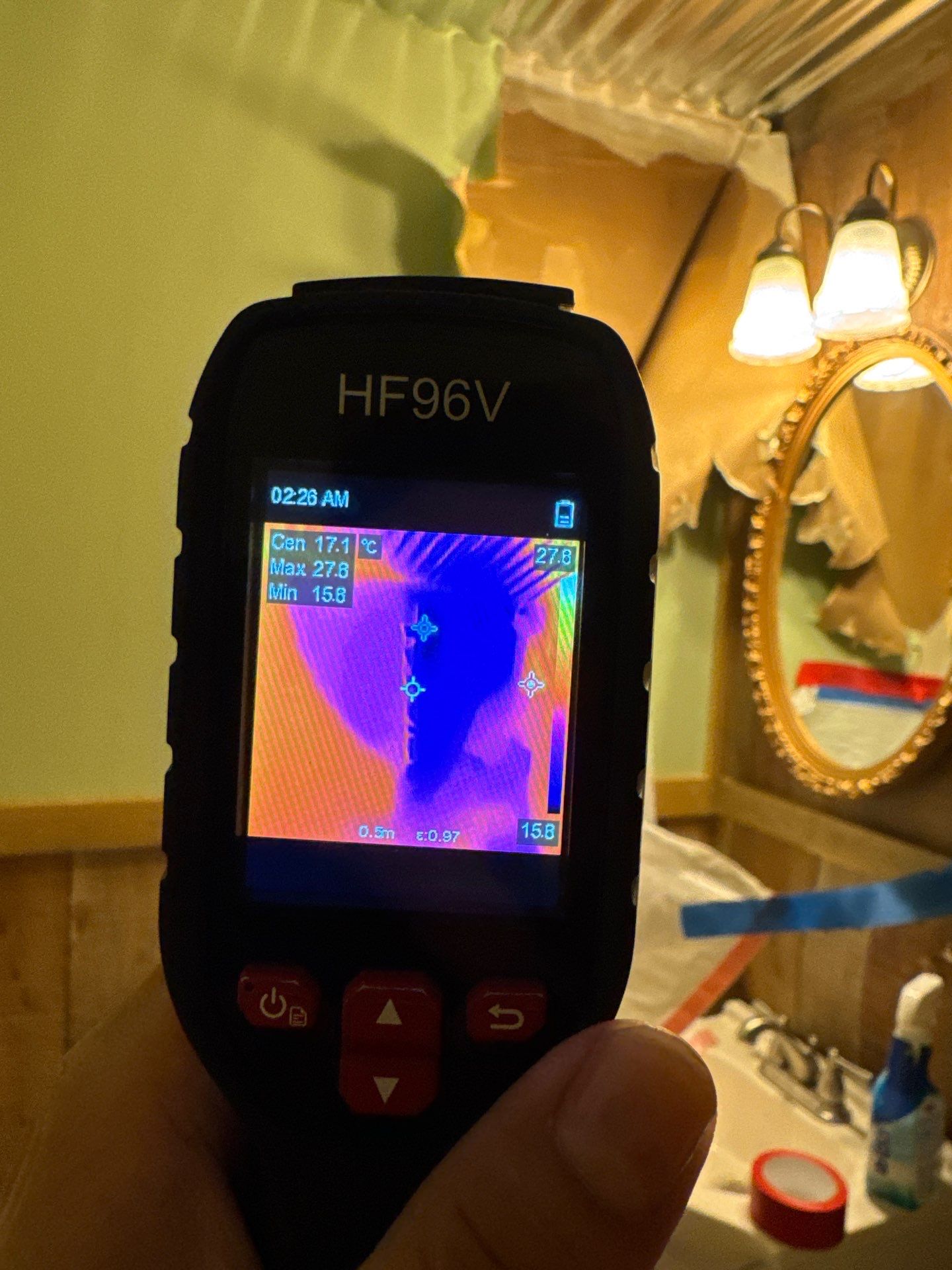 Infrared scan identifying hidden moisture distribution across wall and framing surfaces.