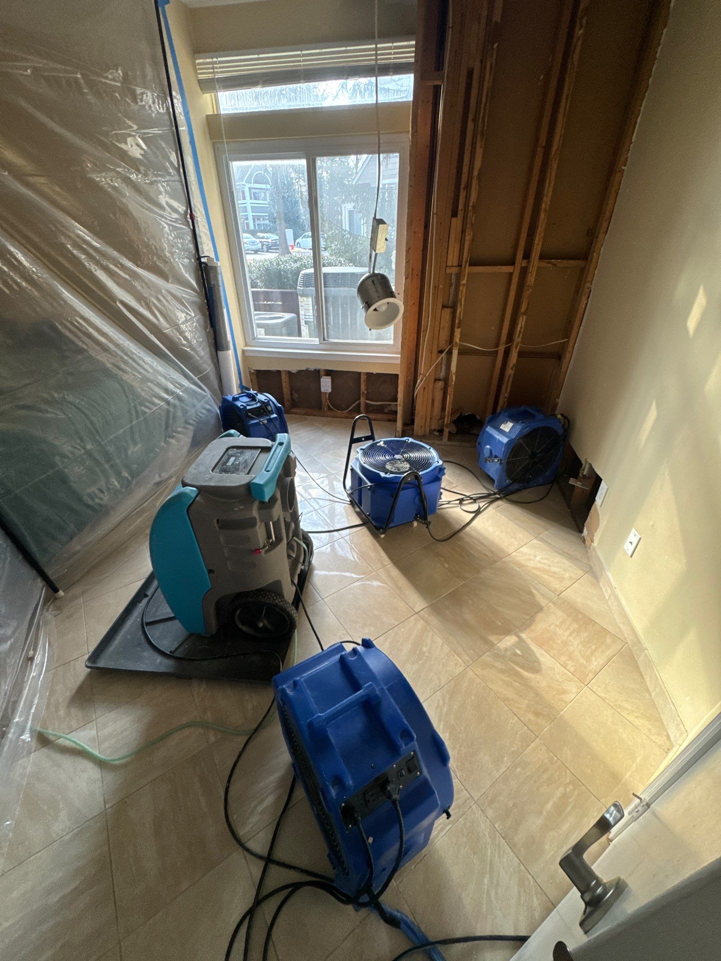 Mid-stage mold remediation showing barrier integrity and active drying in Fairfax home.