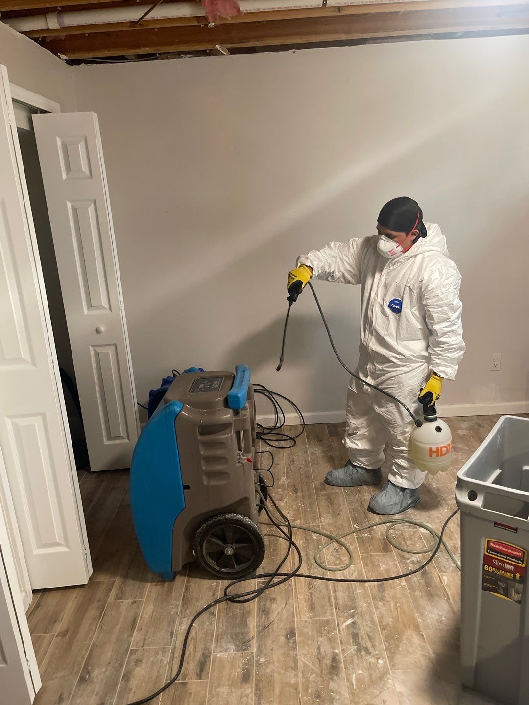 Antimicrobial application to affected surfaces during mold remediation process.