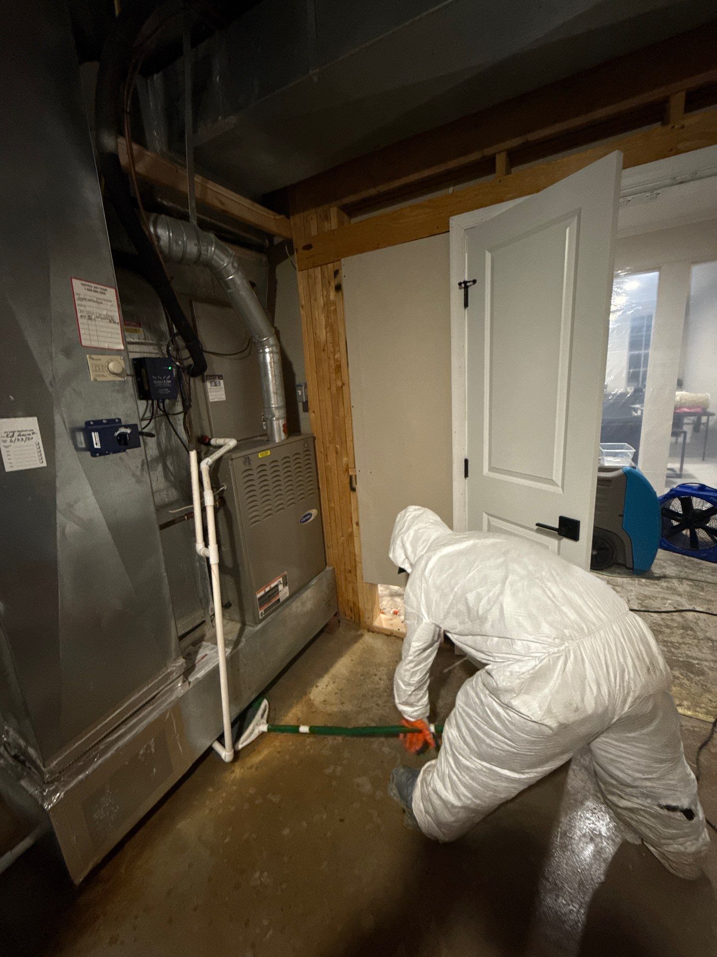 Structural drying equipment positioned within containment during mold remediation work.