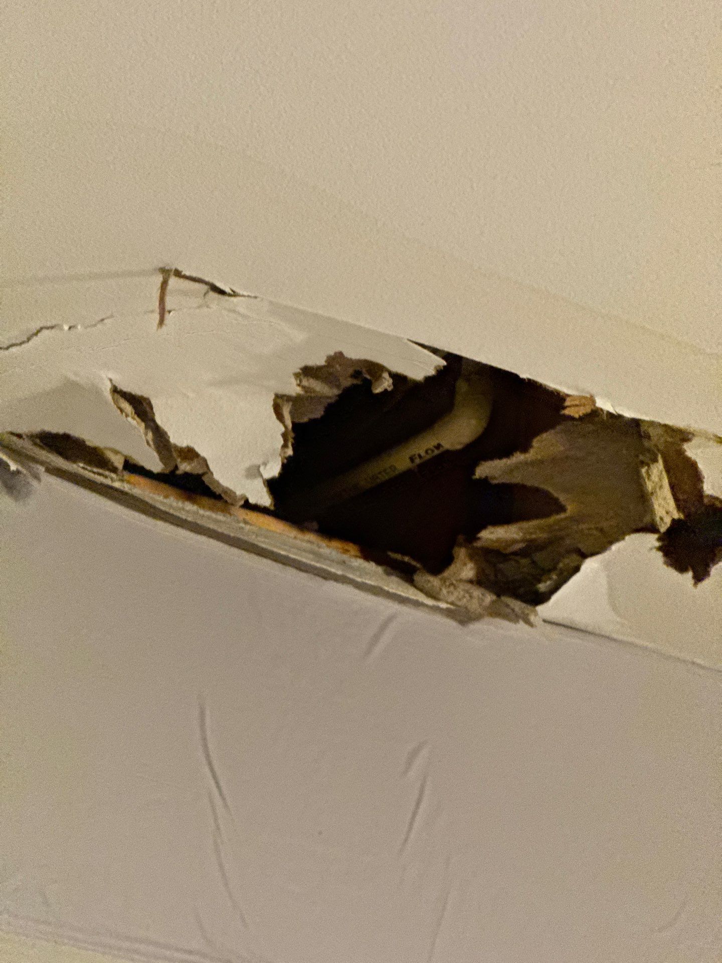 Ceiling cavity exposed for drying and inspection following water damage restoration scope in Ashburn.