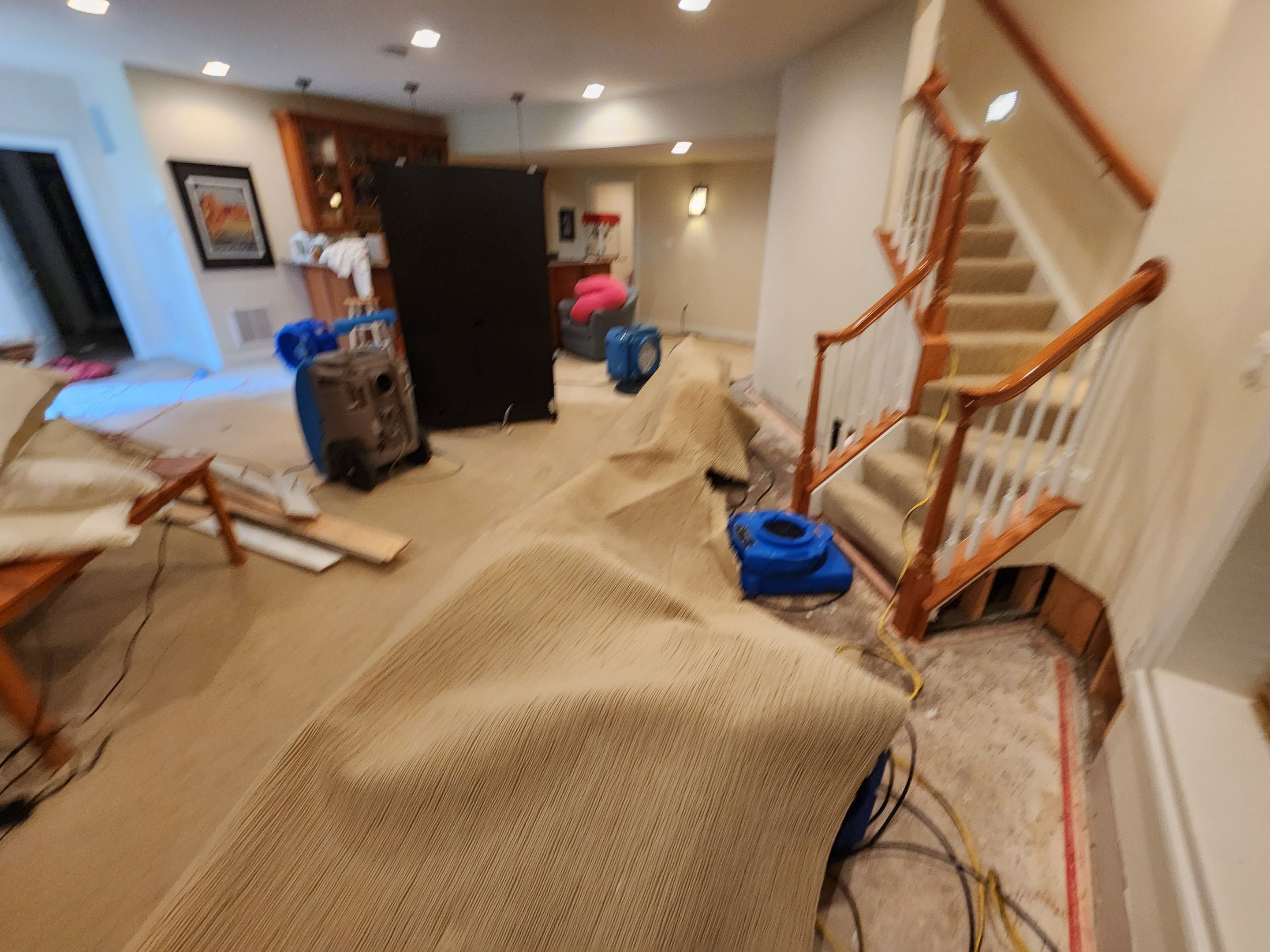 Final-stage drying verification and equipment removal after water damage restoration.