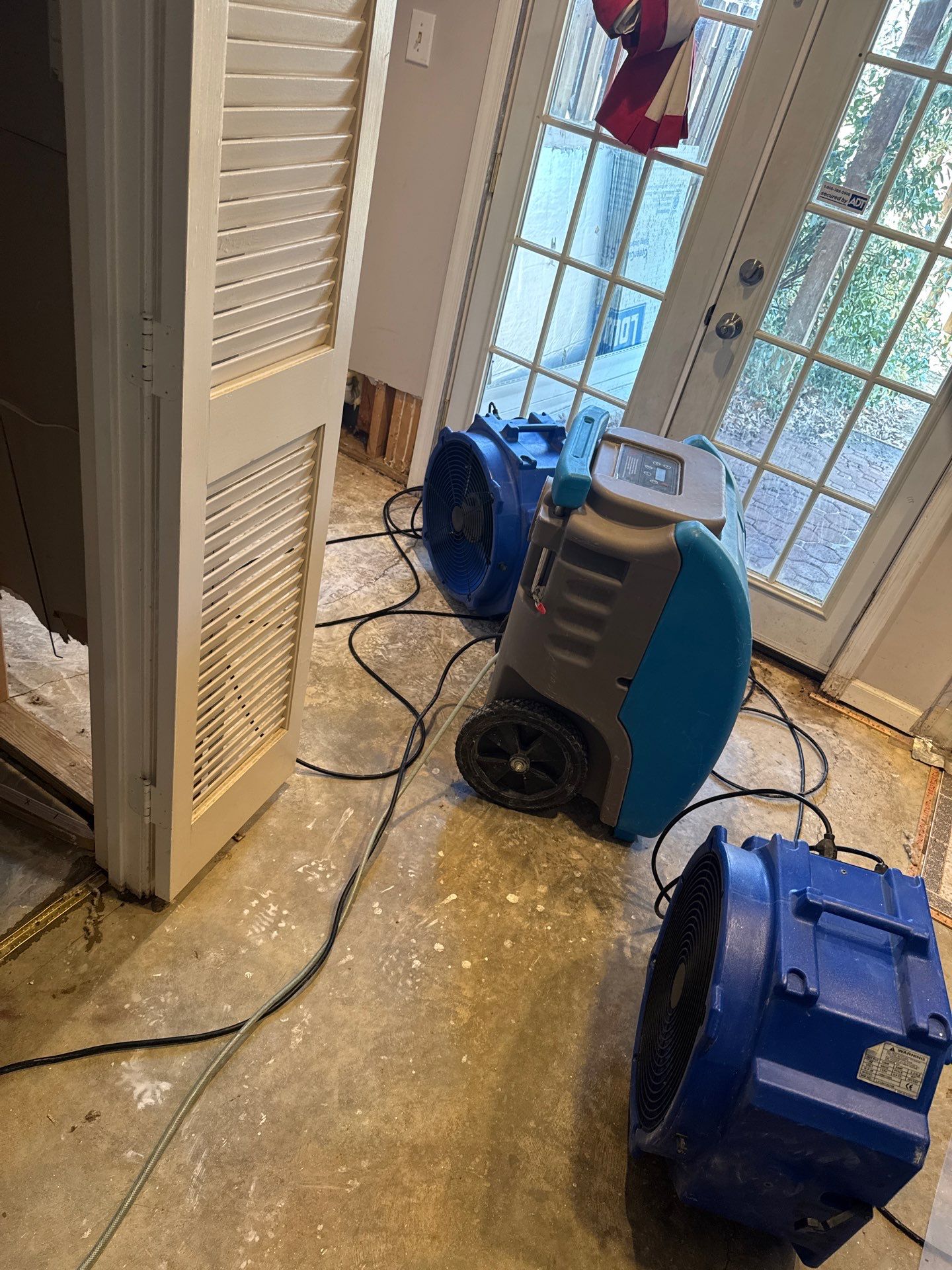 Flooring remediation in progress, damaged carpet removal and structural assessment during restoration work.