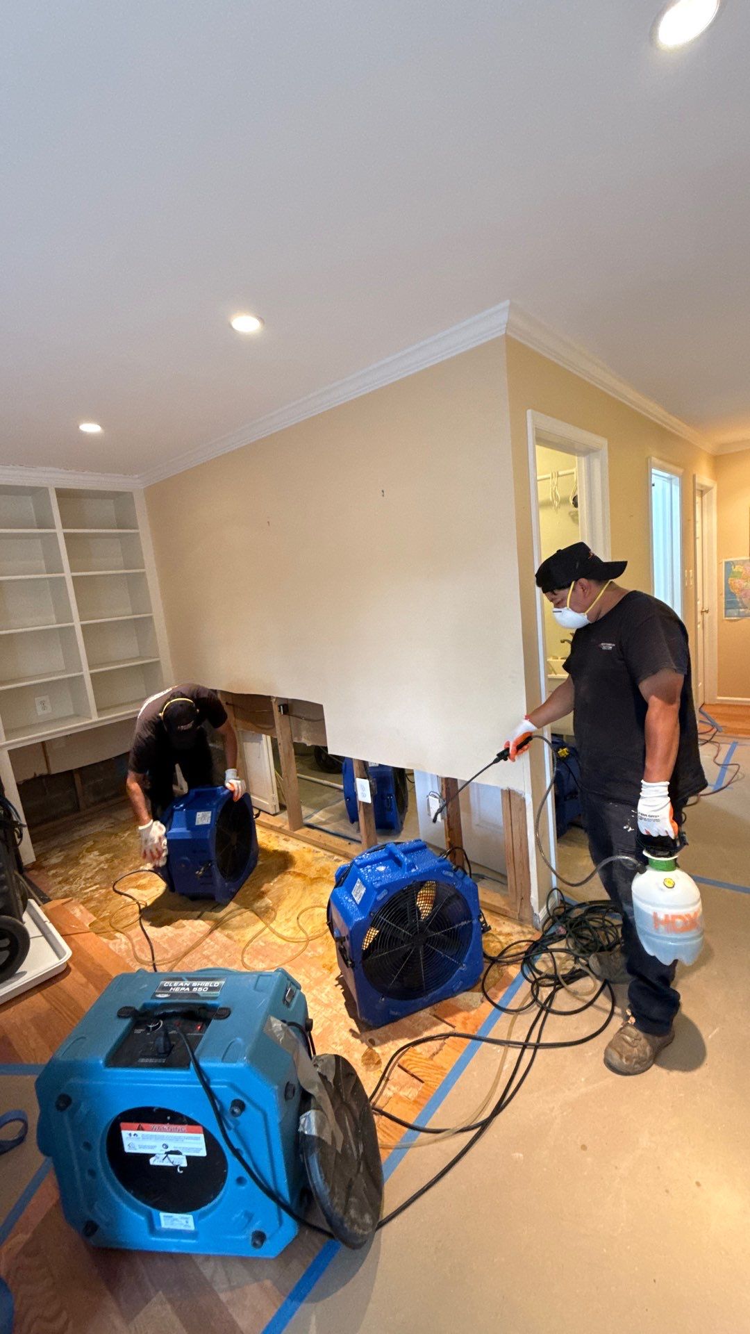 Advanced drying stage with equipment monitoring moisture levels in framing and subflooring.