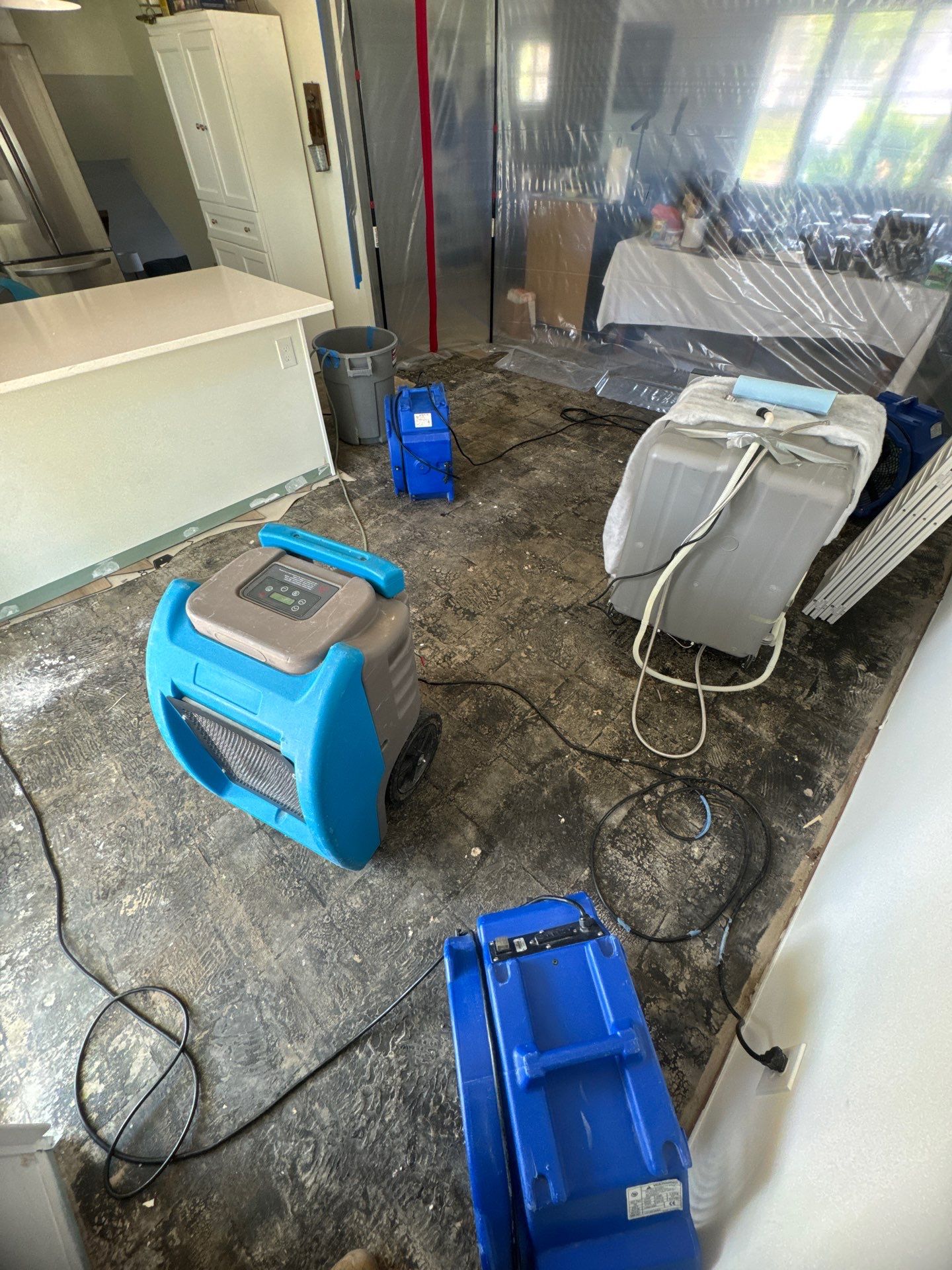Continued drying phase with monitoring equipment visible inside containment in Springfield water restoration.