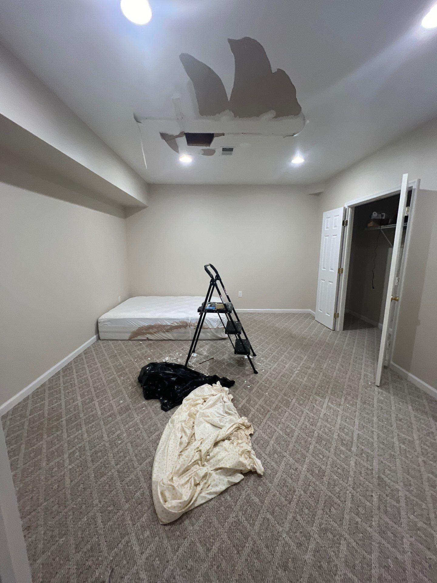 Thermal imaging camera capturing moisture patterns in ceiling framing during water damage assessment in Haymarket.