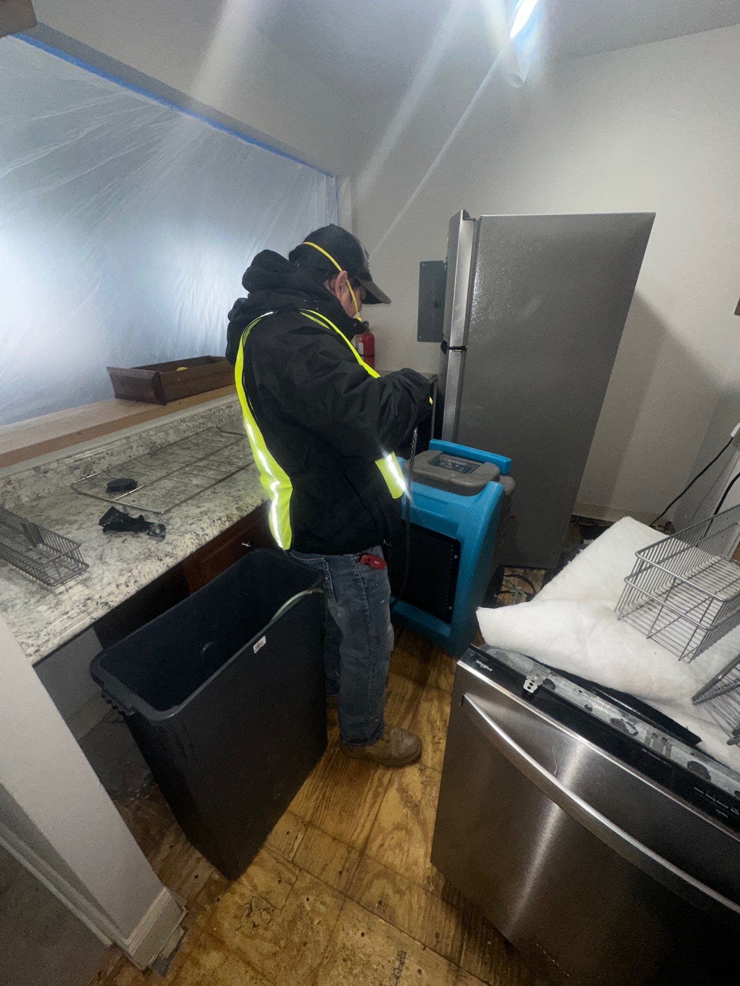 Continued dehumidification and air movement during active drying phase of water restoration work.