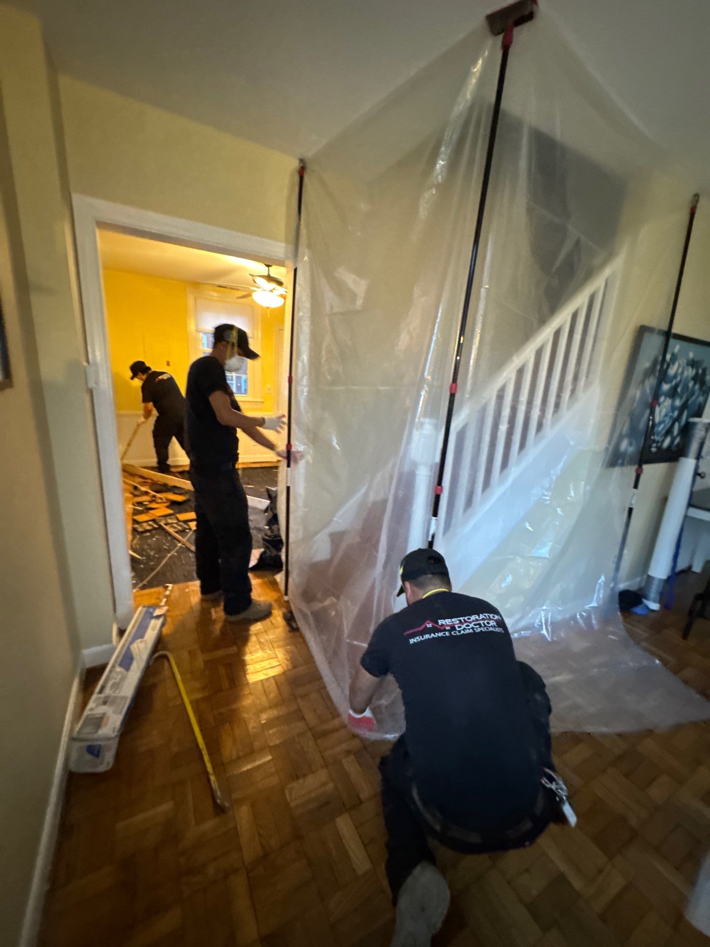 Containment and drying setup progresses through mid-stage mold remediation in Arlington.